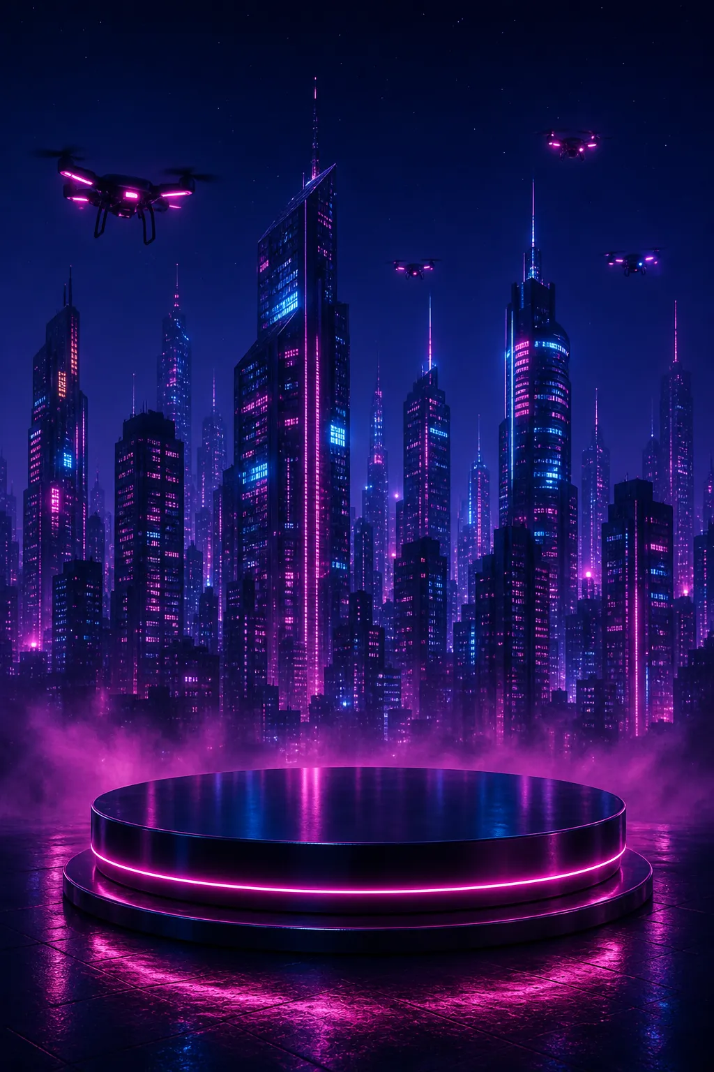 Futuristic Neon City Stage with Flying Drones｜AI Image Generation Prompts