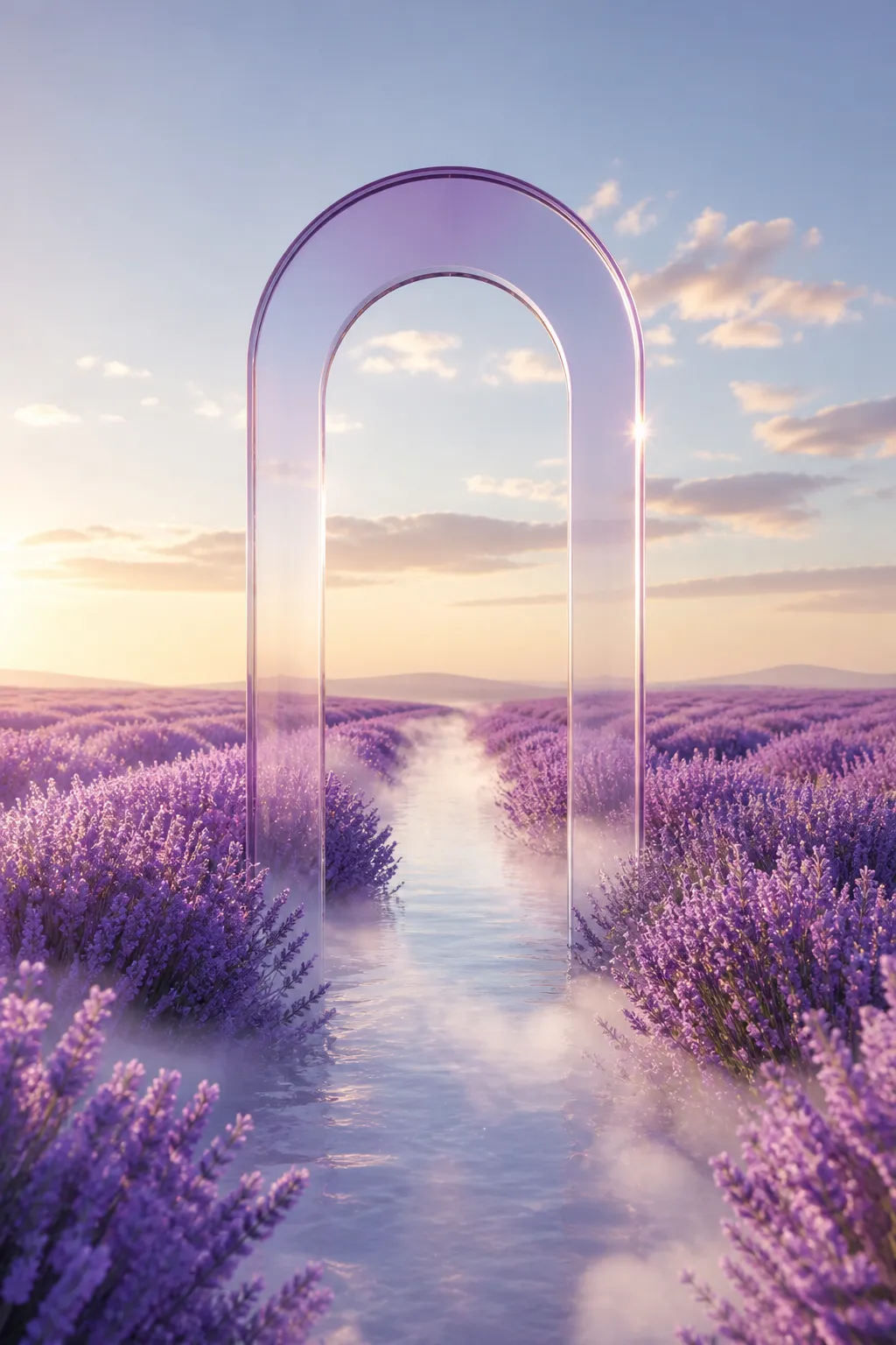 Surreal glass arch in blooming lavender field｜AI Image Generation Prompts
