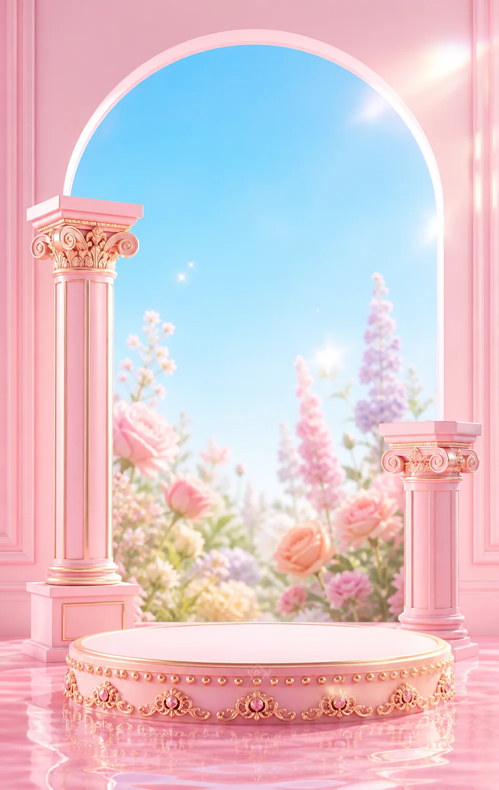 Pink Podium Display with Columns and Flowers｜AI Image Generation Prompts
