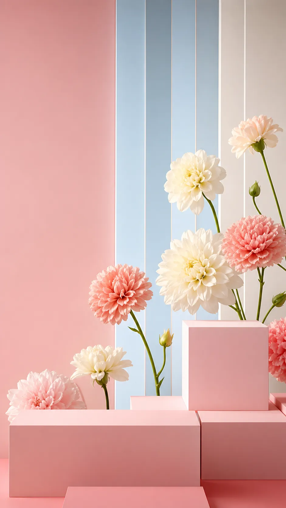 Pink and white flowers on geometric podiums｜AI Image Generation Prompts