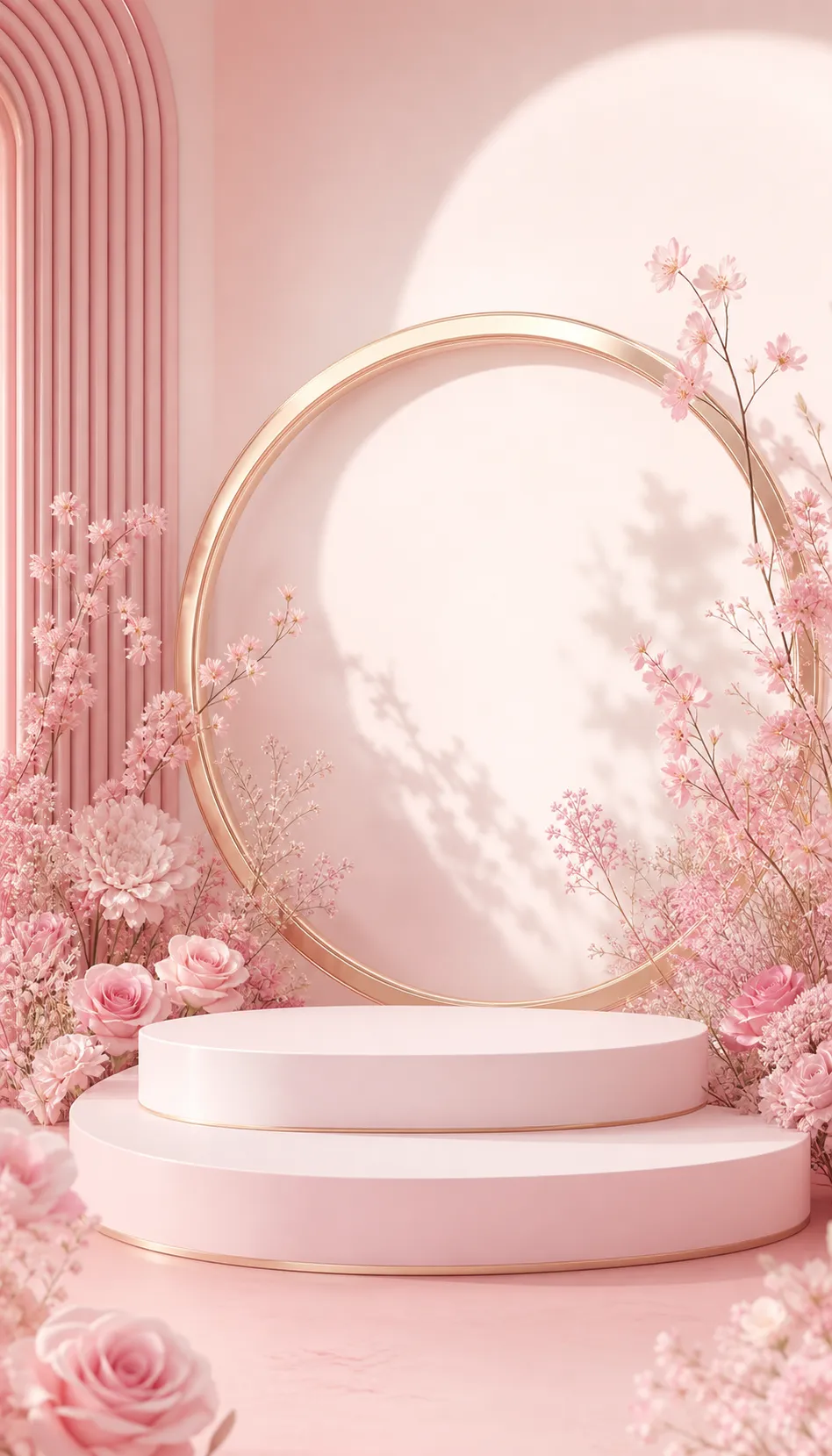 Pink Floral Podium Display Stand with Gold Ring｜AI Image Generation Prompts