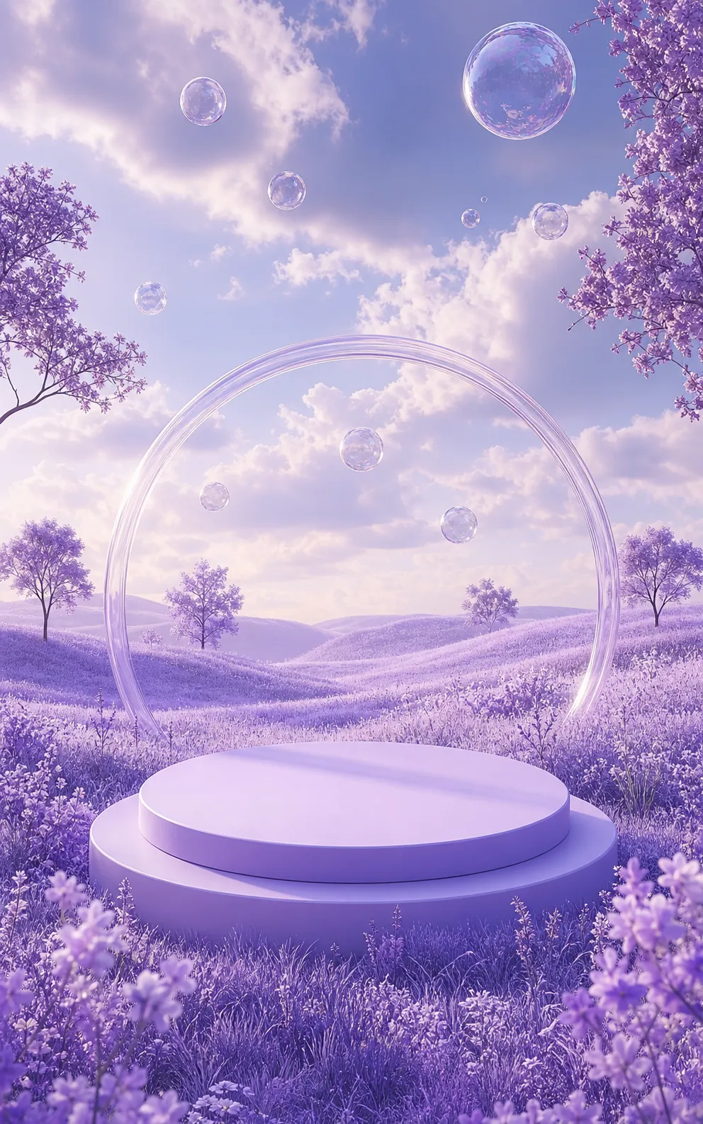 Purple Podium Stage in Fantasy Flower Field with Bubbles｜AI Image Generation Prompts