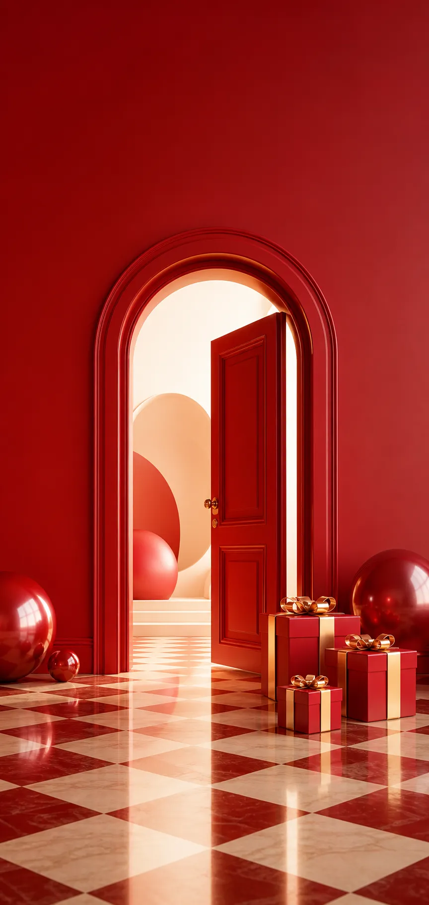 Red Arched Doorway with Gift Boxes and Spheres｜AI Image Generation Prompts