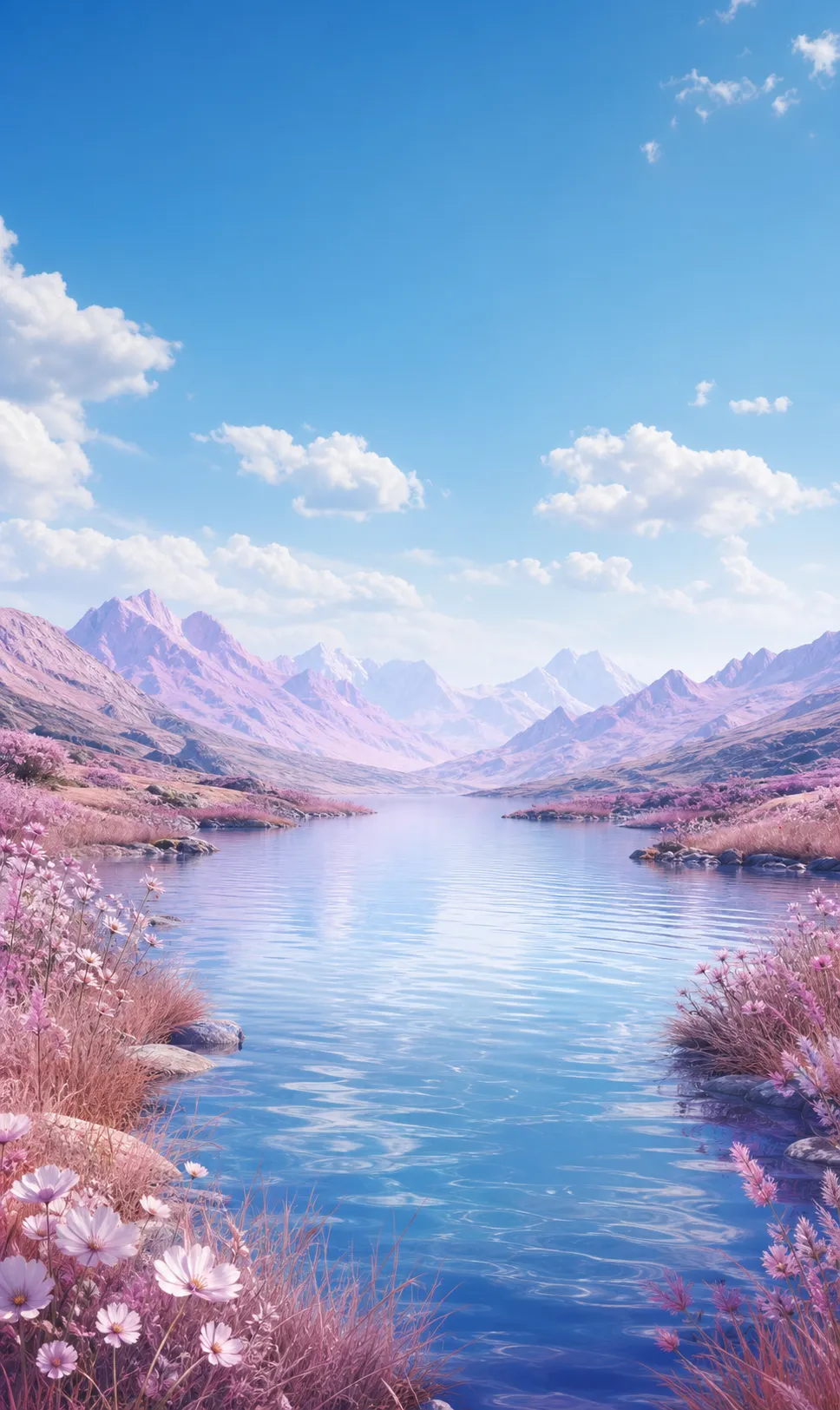 Scenic lake with pink flowers and mountains under blue sky｜AI Image Generation Prompts