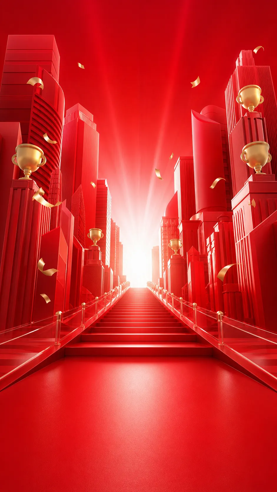 Red staircase with golden trophies and buildings｜AI Image Generation Prompts