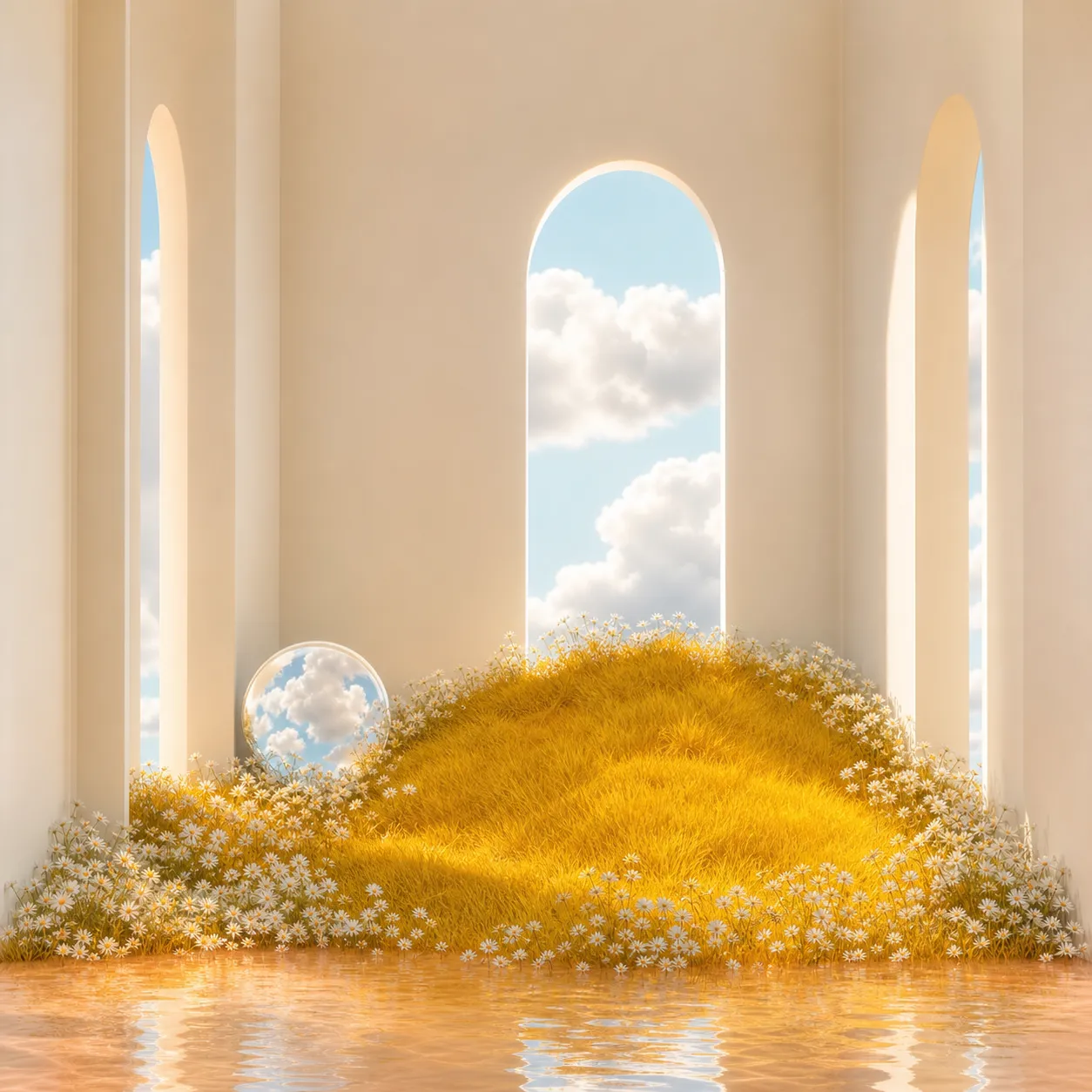 Surreal room with yellow grass mound and sky view｜AI Image Generation Prompts