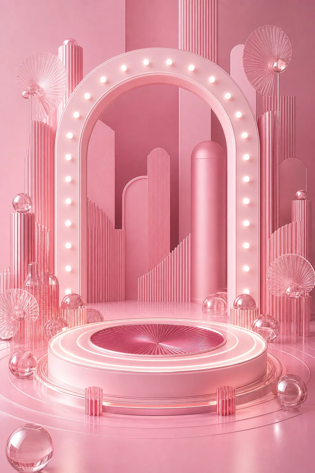 Pink Geometric Arch Podium Stage with Lights｜AI Image Generation Prompts
