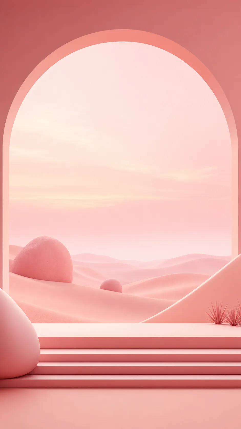 Pink minimalist 3D desert archway and podium scene｜AI Image Generation Prompts