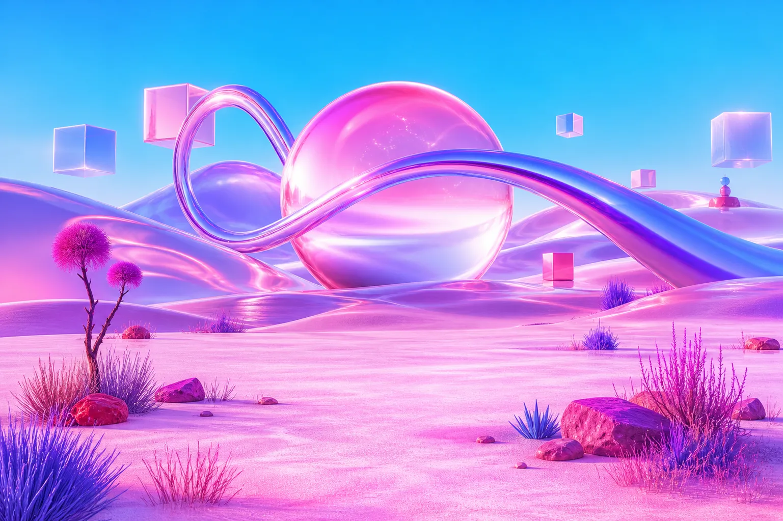Surreal pink landscape with giant sphere and floating cubes｜AI Image Generation Prompts