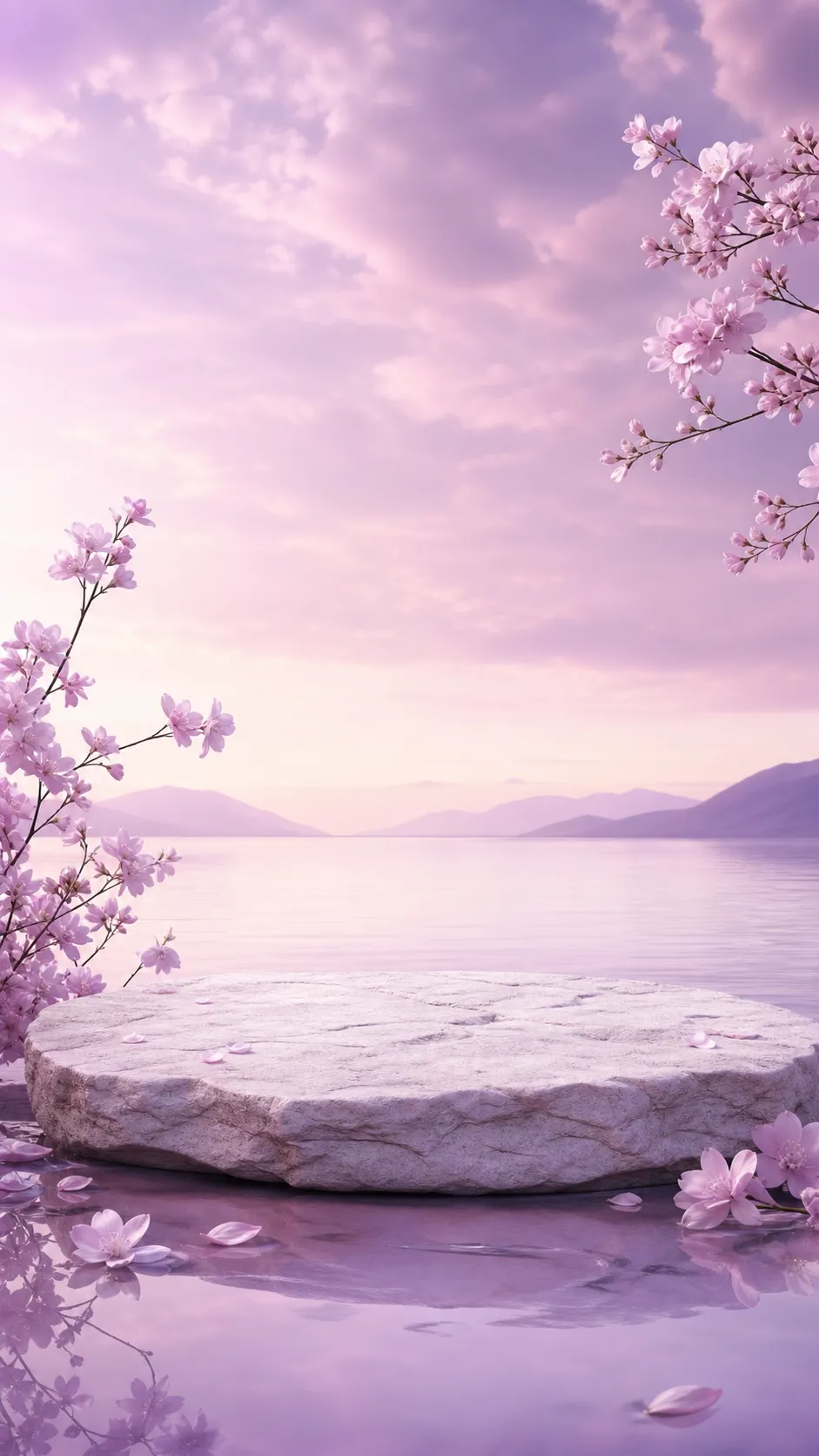 Stone podium in a lake with pink cherry blossoms｜AI Image Generation Prompts