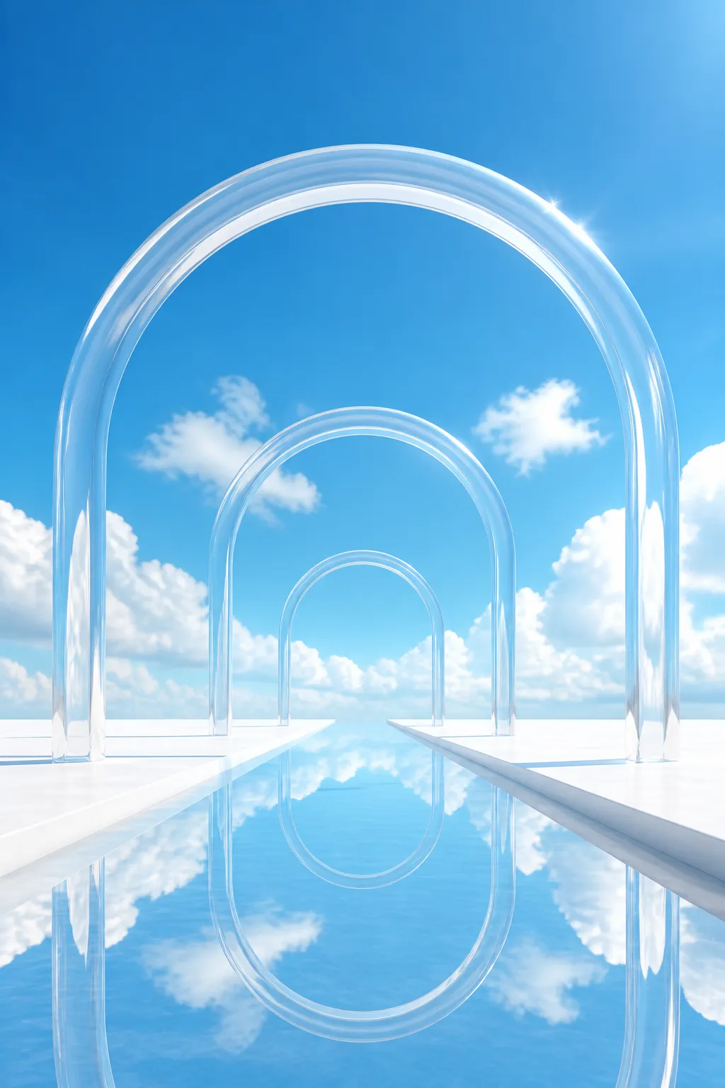 Transparent glass arches over water with blue sky reflection｜AI Image Generation Prompts