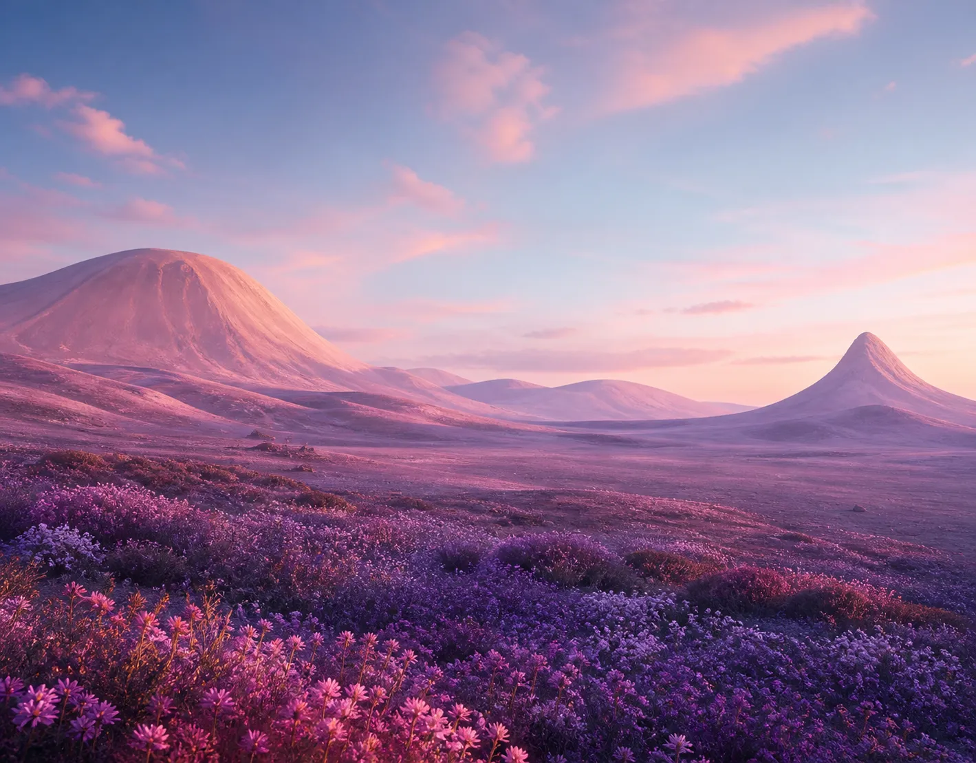 Purple wildflower field and mountains at sunset｜AI Image Generation Prompts
