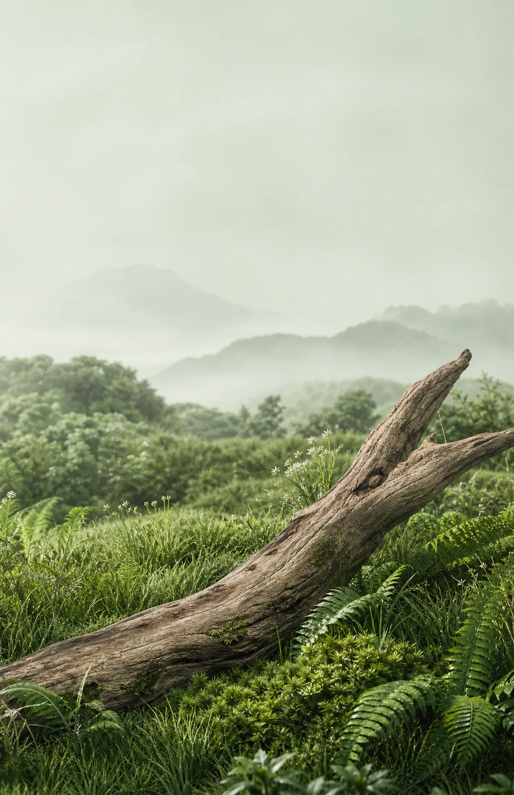 Fallen log in a misty green forest landscape｜AI Image Generation Prompts