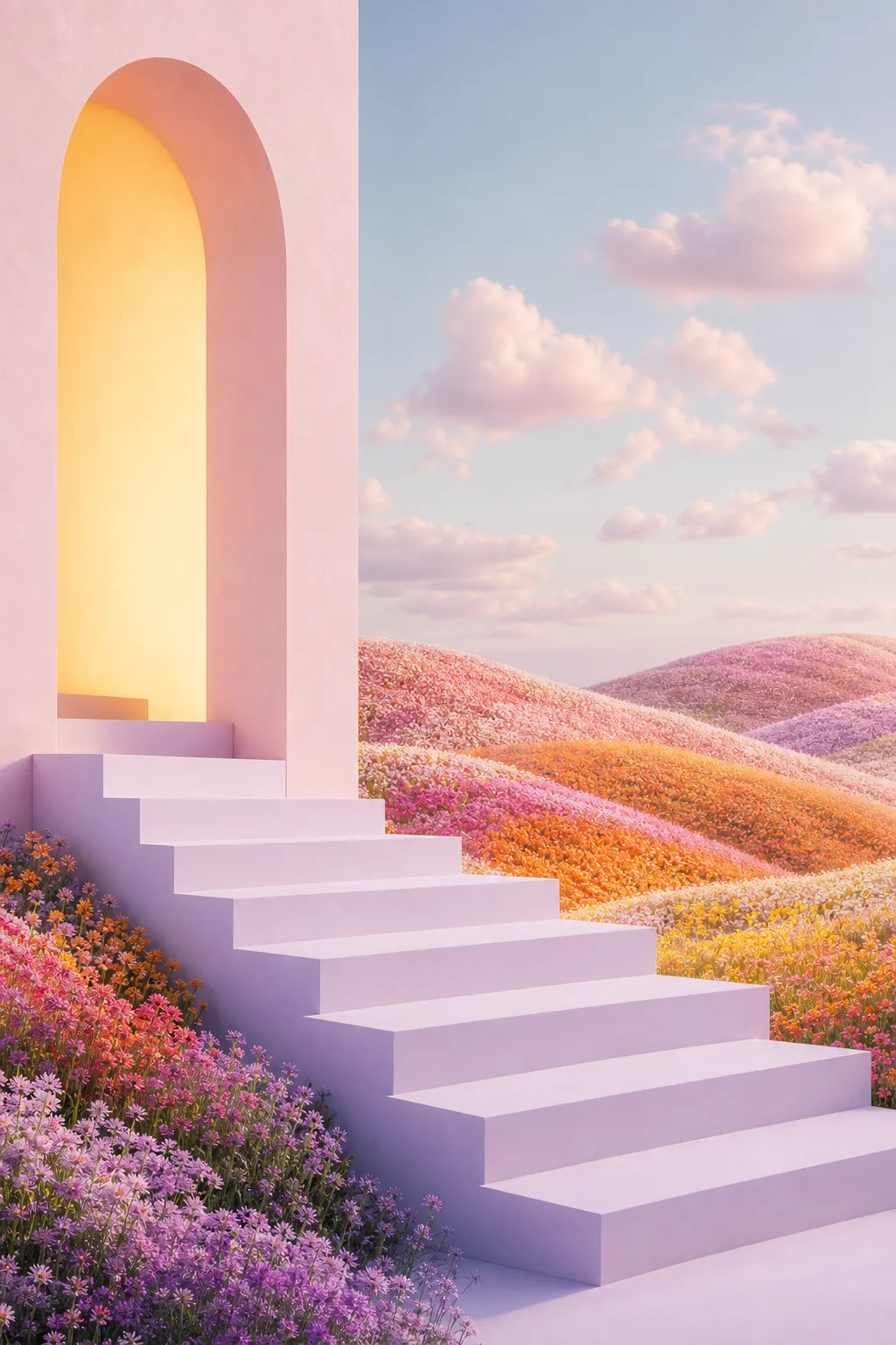 Pastel stairs and arch with colorful flower hills｜AI Image Generation Prompts