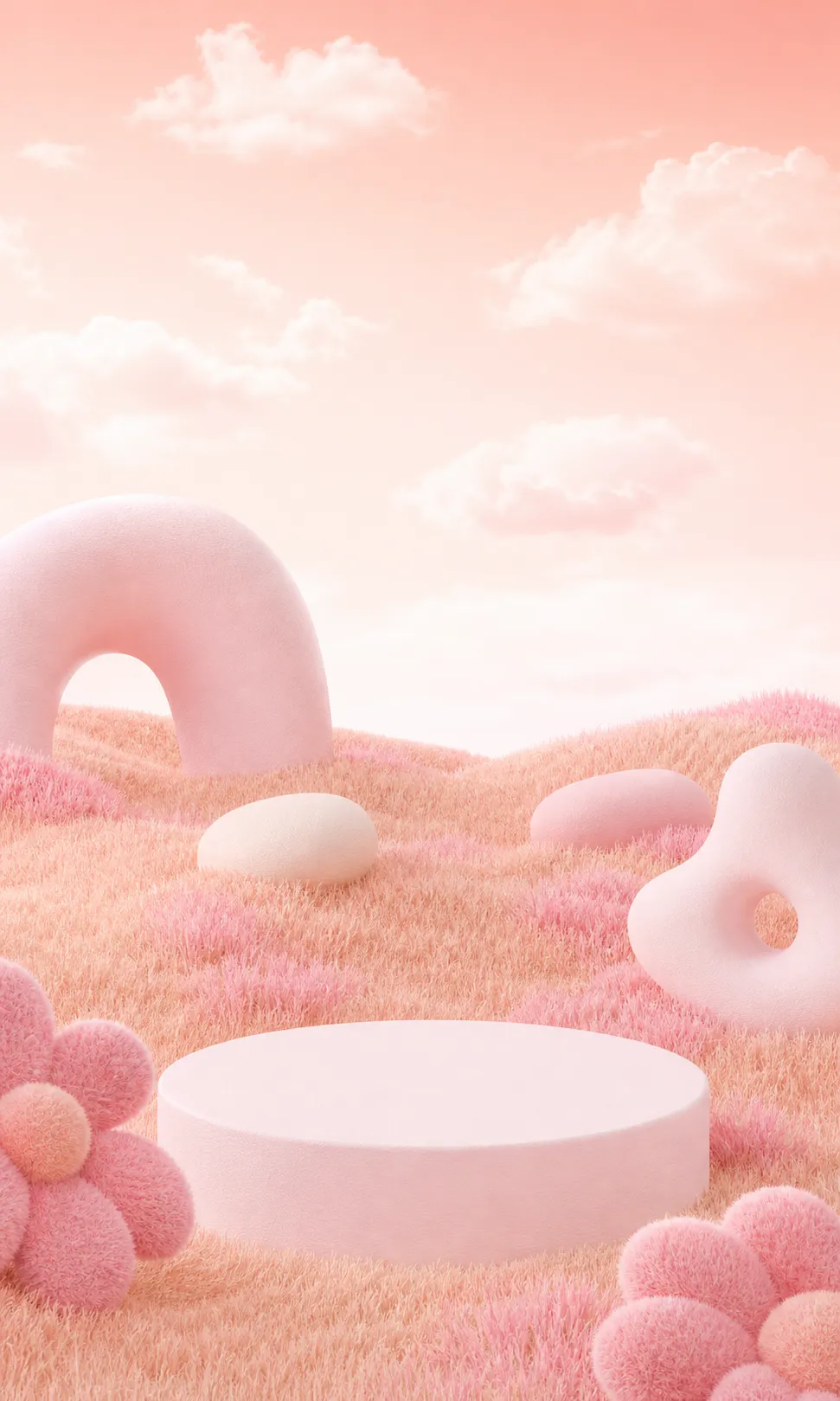 Pink fluffy 3D podium landscape with clouds｜AI Image Generation Prompts
