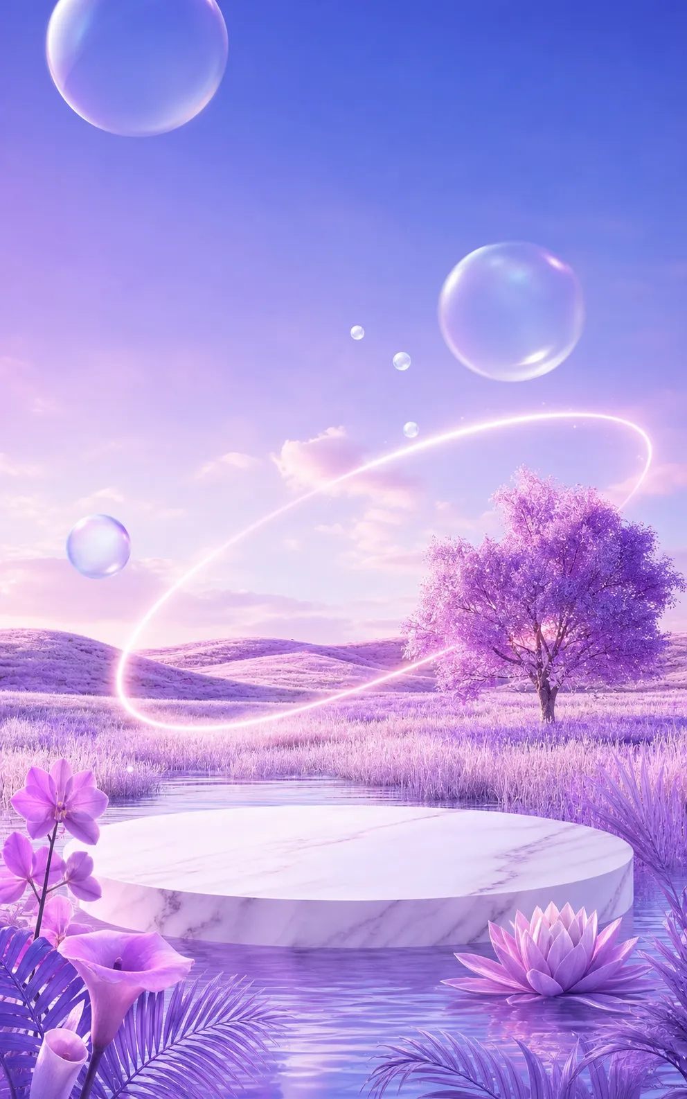 Purple fantasy landscape with marble podium and bubbles｜AI Image Generation Prompts
