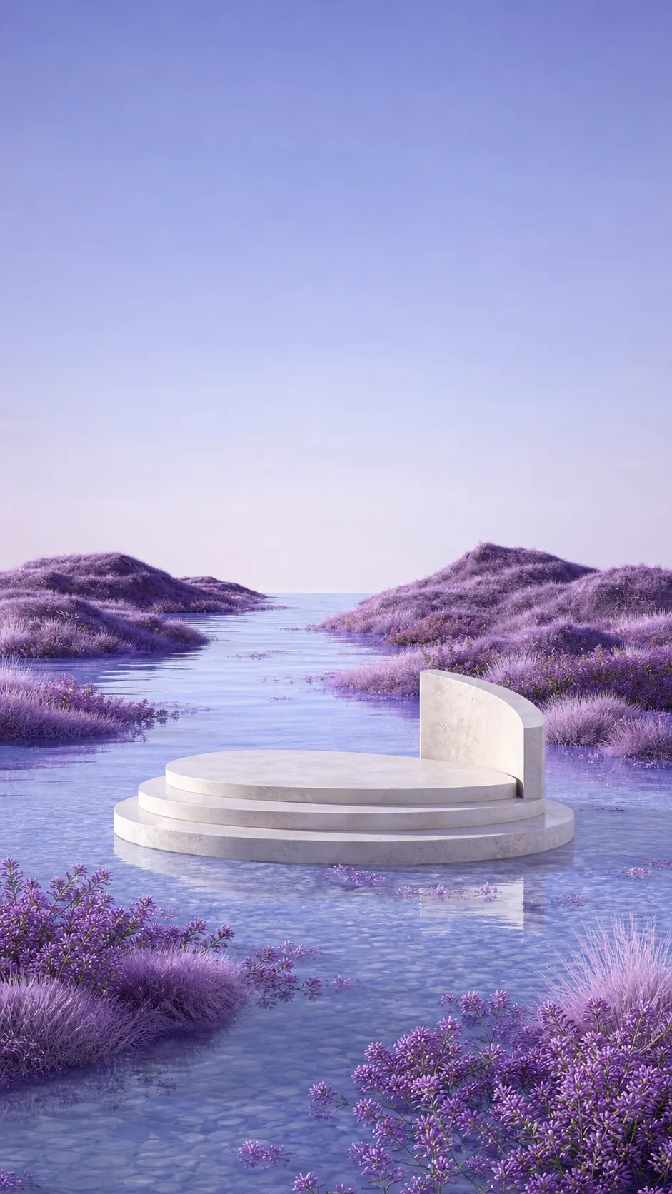 White circular podium in purple water landscape｜AI Image Generation Prompts