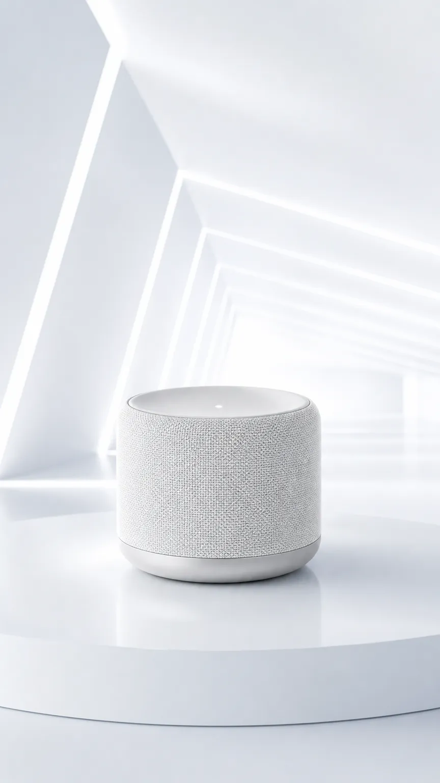 White smart speaker on a podium in a futuristic tunnel.｜AI Image Generation Prompts