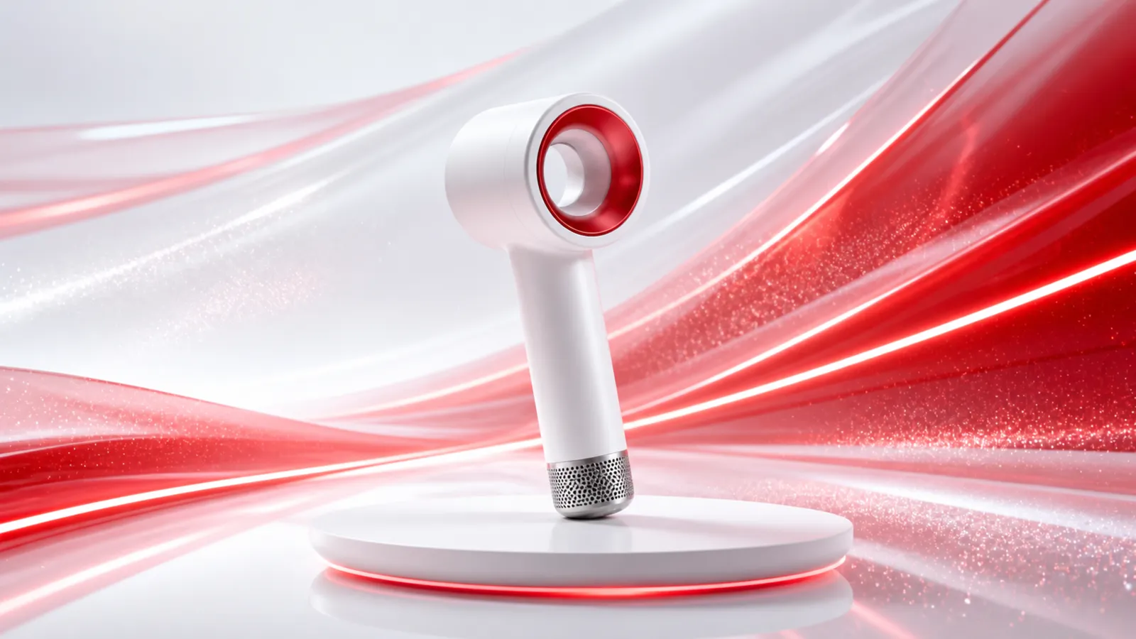 Modern white hair dryer with red accents｜AI Image Generation Prompts