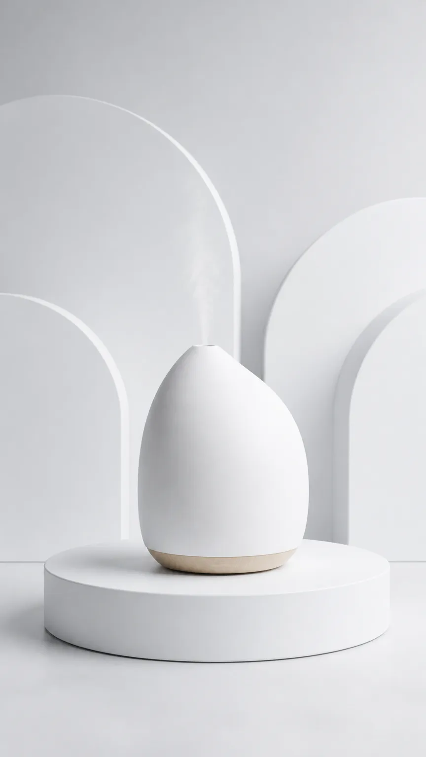 White Teardrop Aroma Diffuser on White Pedestal｜AI Image Generation Prompts