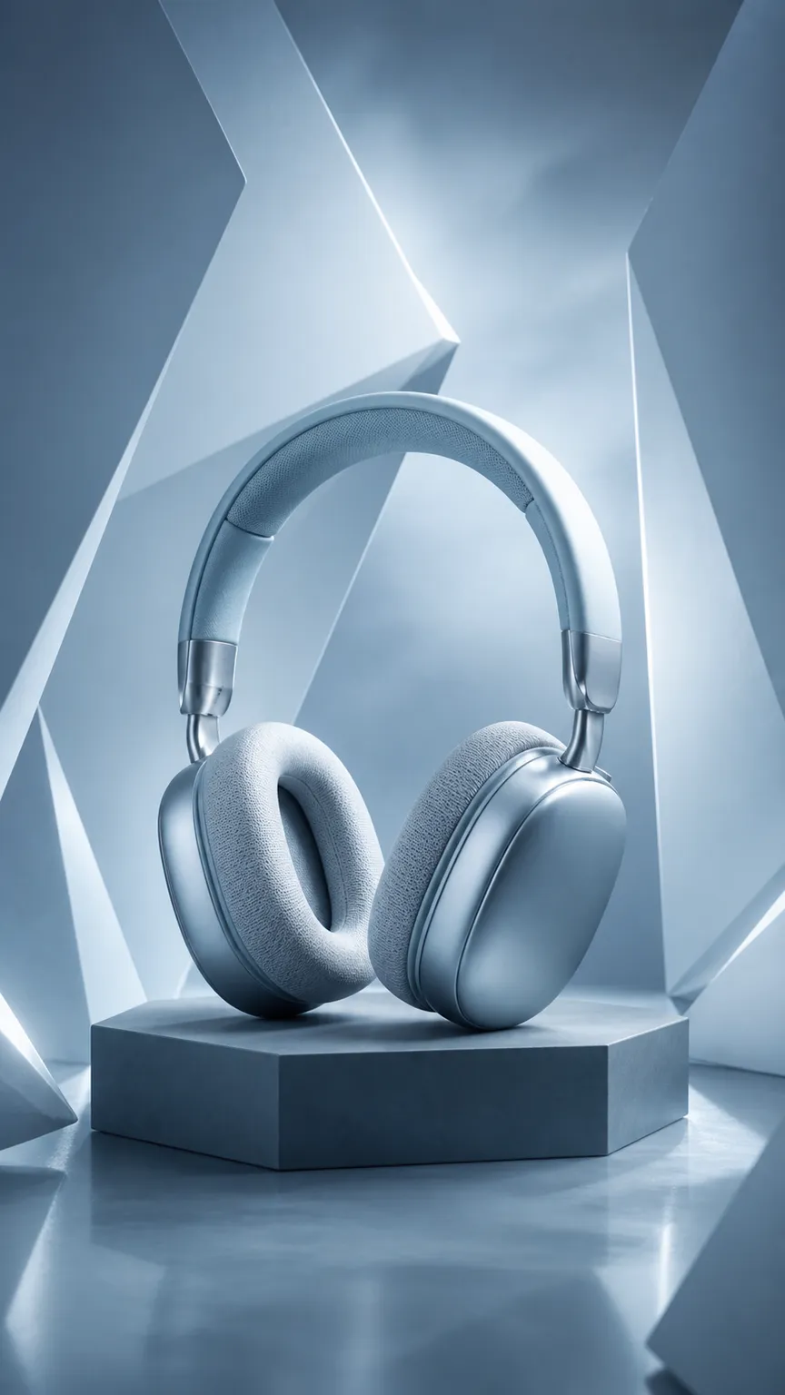 Silver headphones on a hexagonal stand｜AI Image Generation Prompts