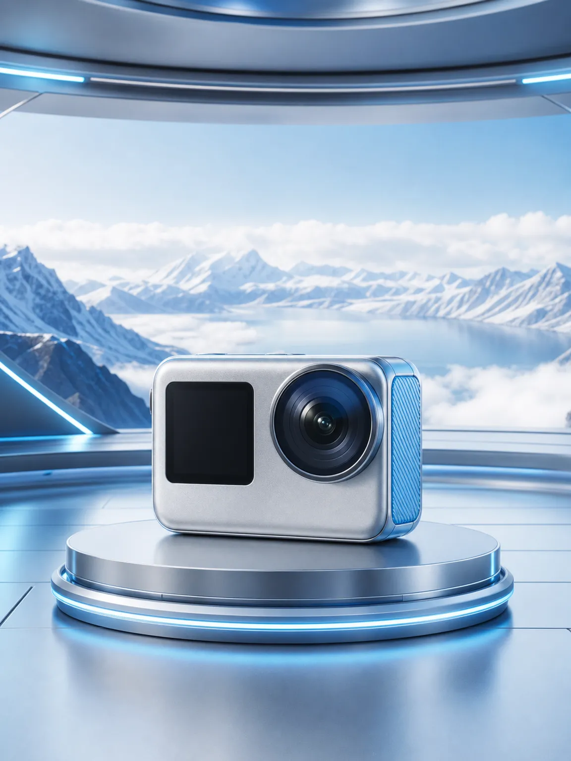 Silver Action Camera on Futuristic Display Stand｜AI Image Generation Prompts
