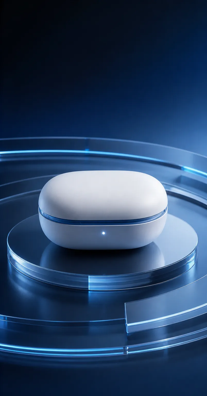 White Wireless Earbud Case on Futuristic Blue Podium｜AI Image Generation Prompts