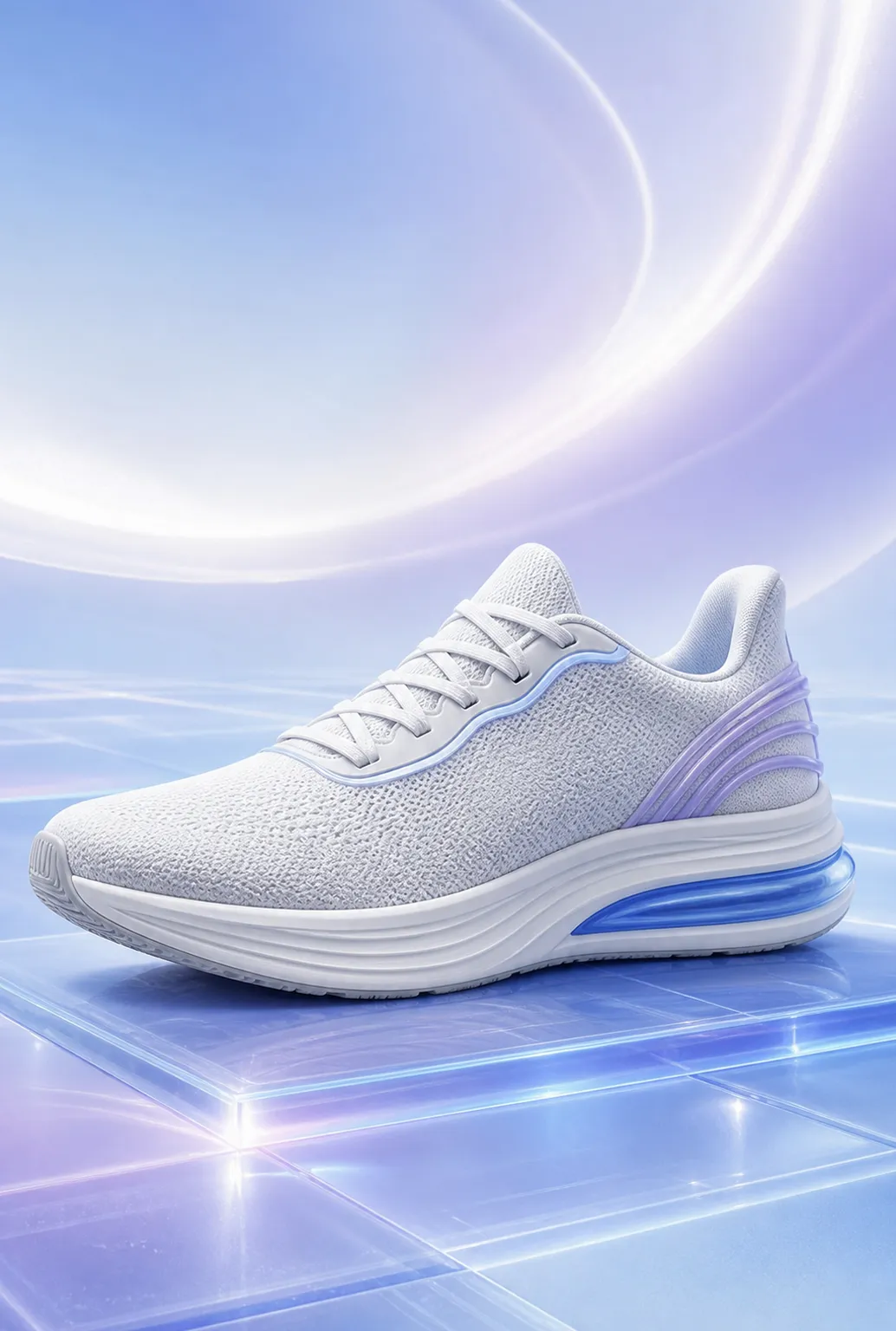 White running shoe with blue cushion and purple accents｜AI Image Generation Prompts