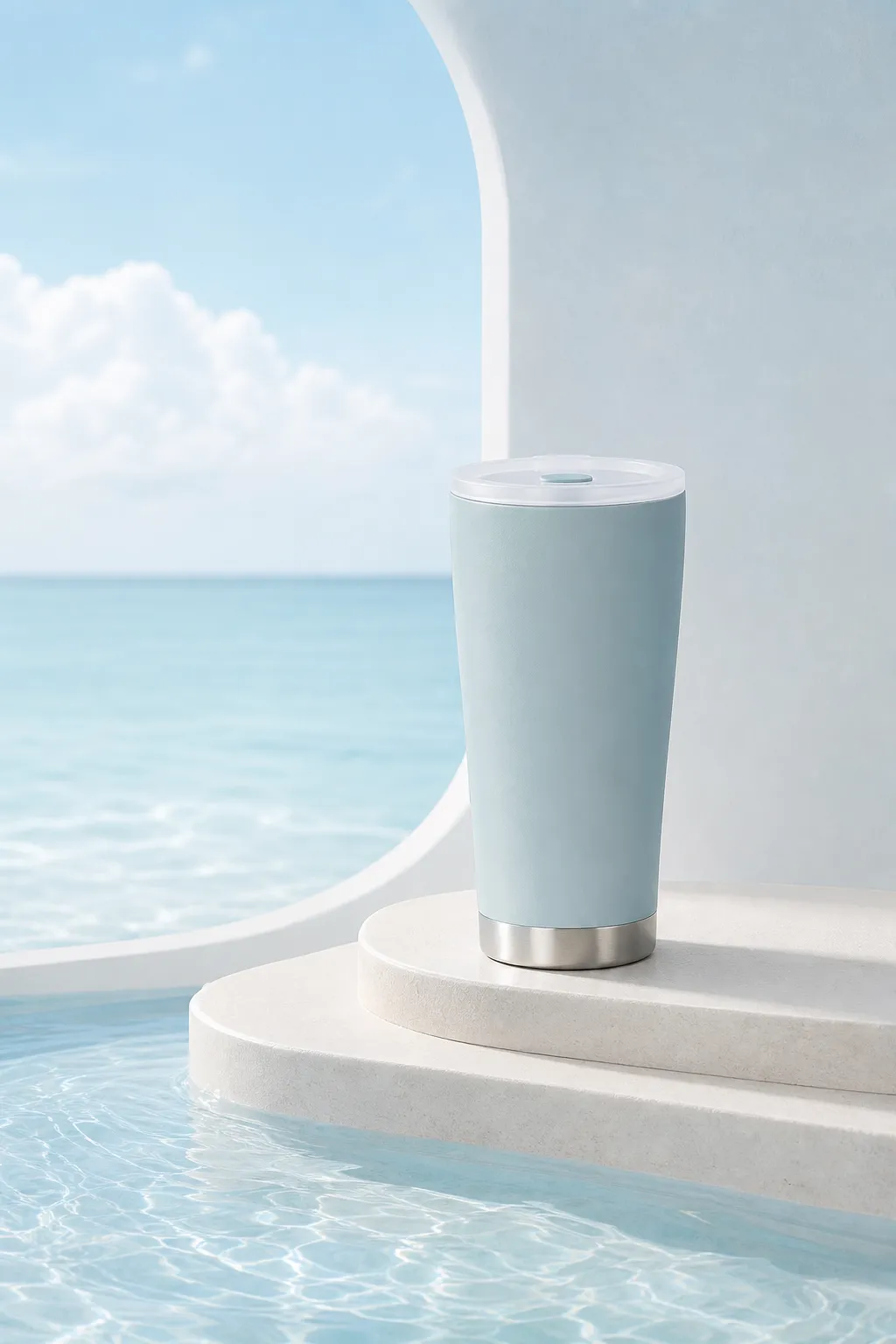 Light blue tumbler cup on white steps by the sea.｜AI Image Generation Prompts