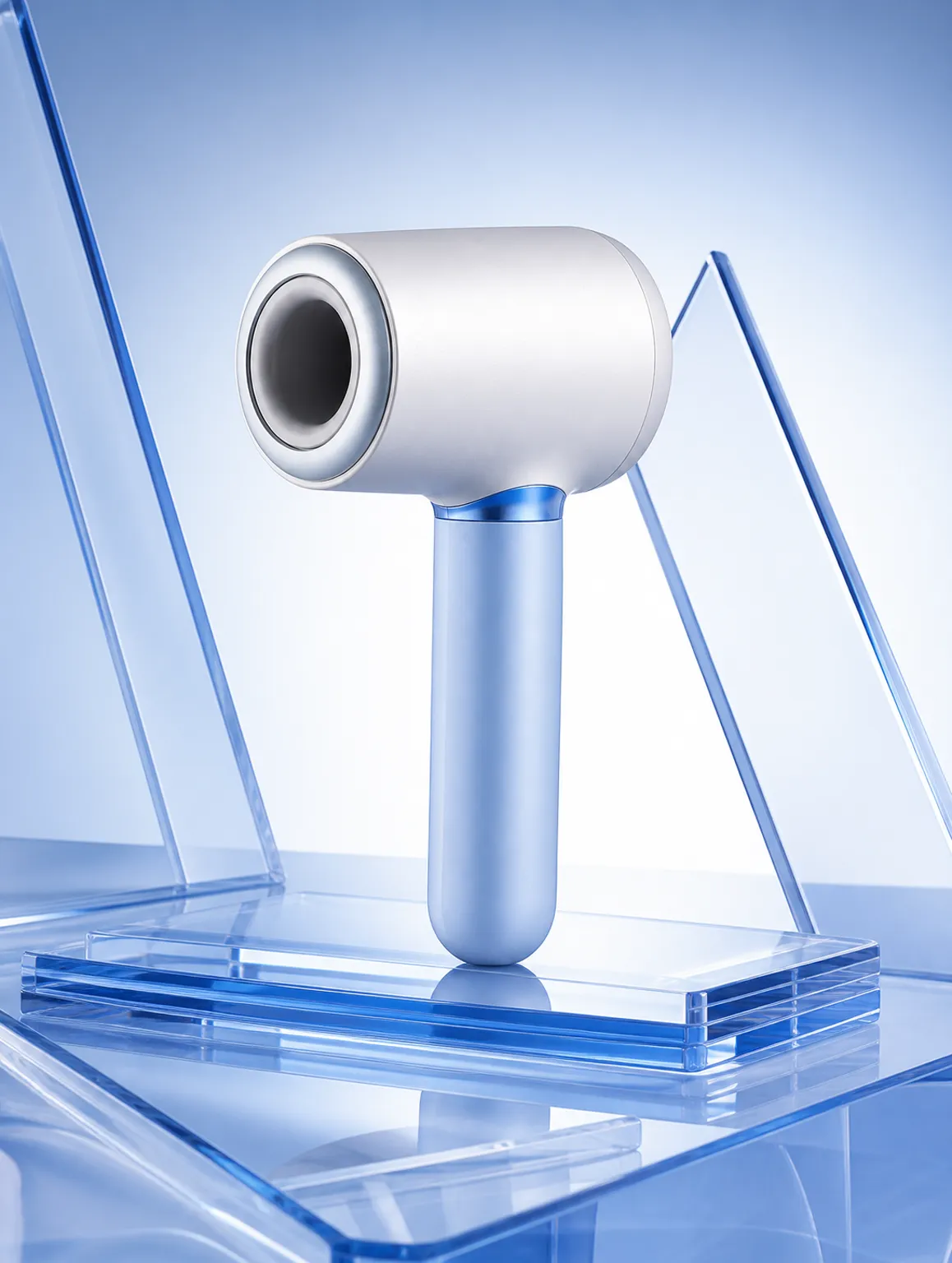 Sleek Blue and White Hair Dryer on Acrylic Stand｜AI Image Generation Prompts
