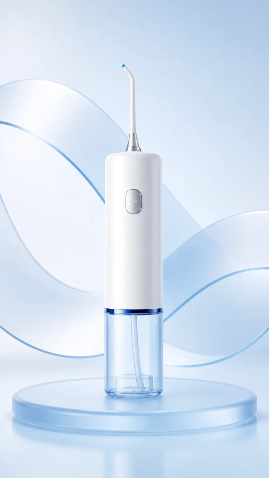 White portable water flosser on blue podium｜AI Image Generation Prompts