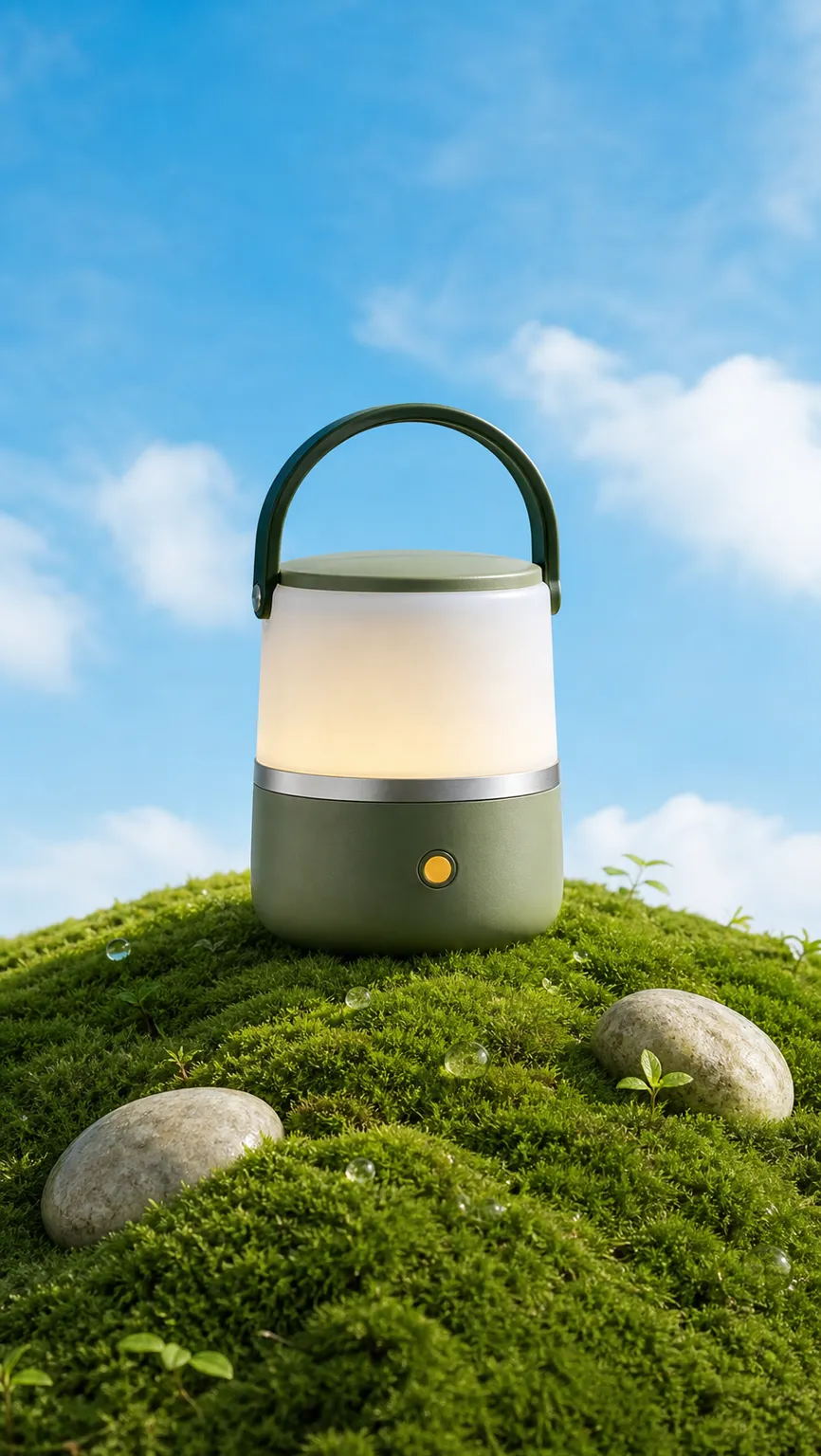 Green portable camping lantern on mossy hill｜AI Image Generation Prompts