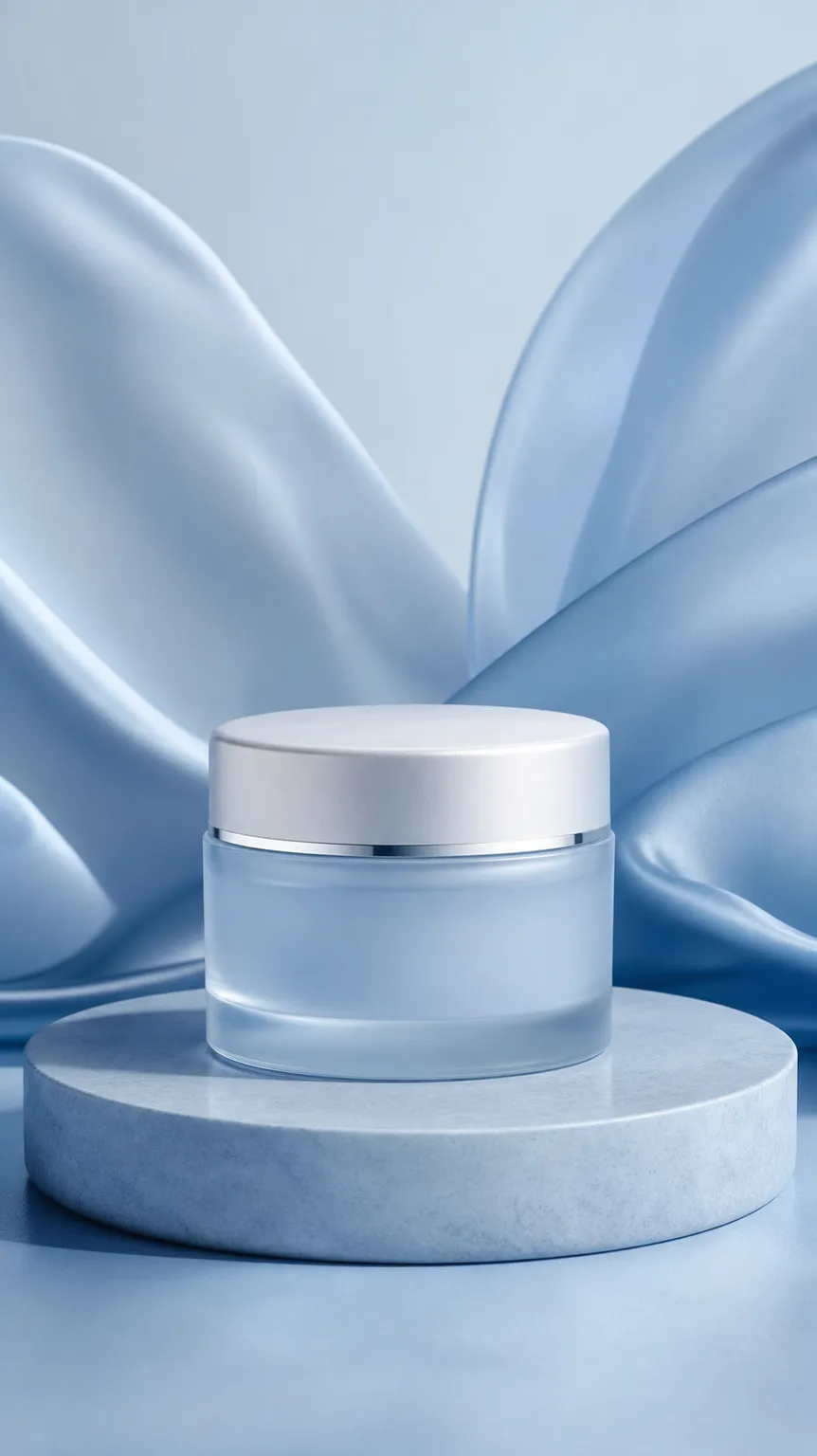 Blue skincare jar on a pedestal with silk background｜AI Image Generation Prompts