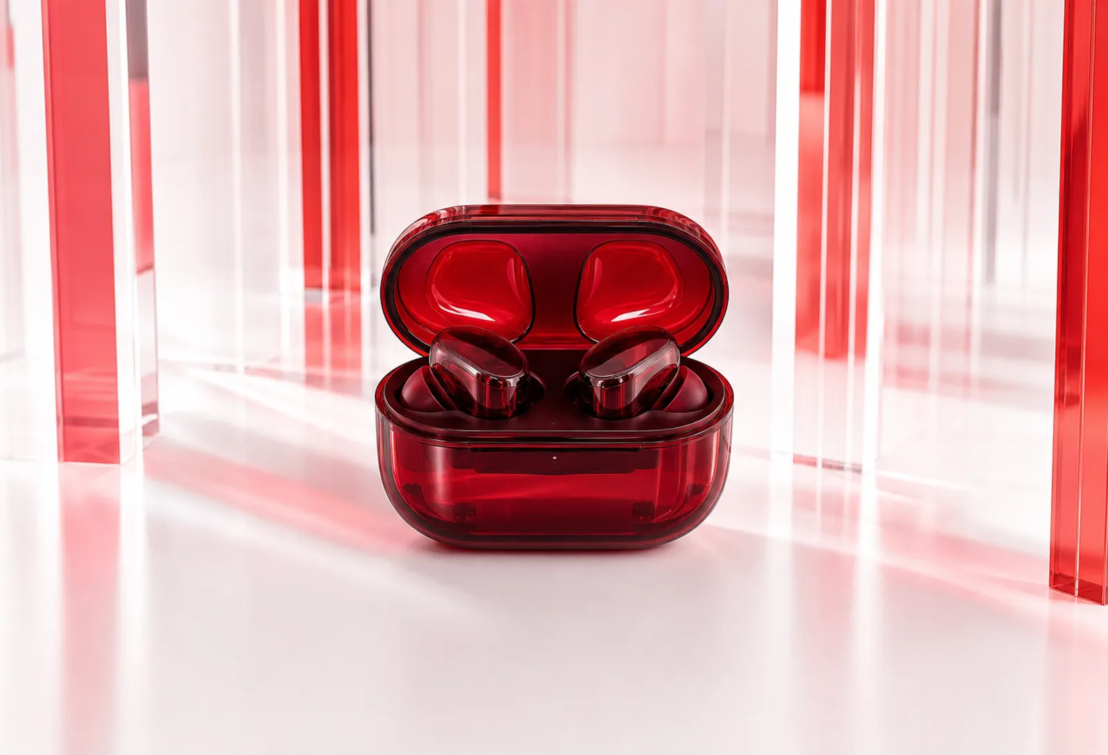 Glossy Red Wireless Earbuds in Open Case｜AI Image Generation Prompts