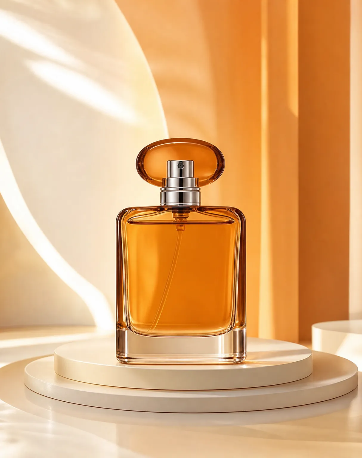 Amber Glass Perfume Bottle on Beige Pedestal｜AI Image Generation Prompts