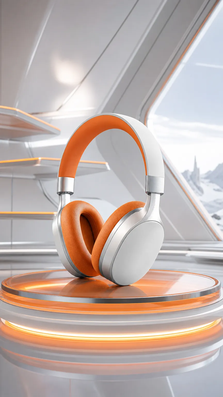 Orange and white headphones on a futuristic stand｜AI Image Generation Prompts
