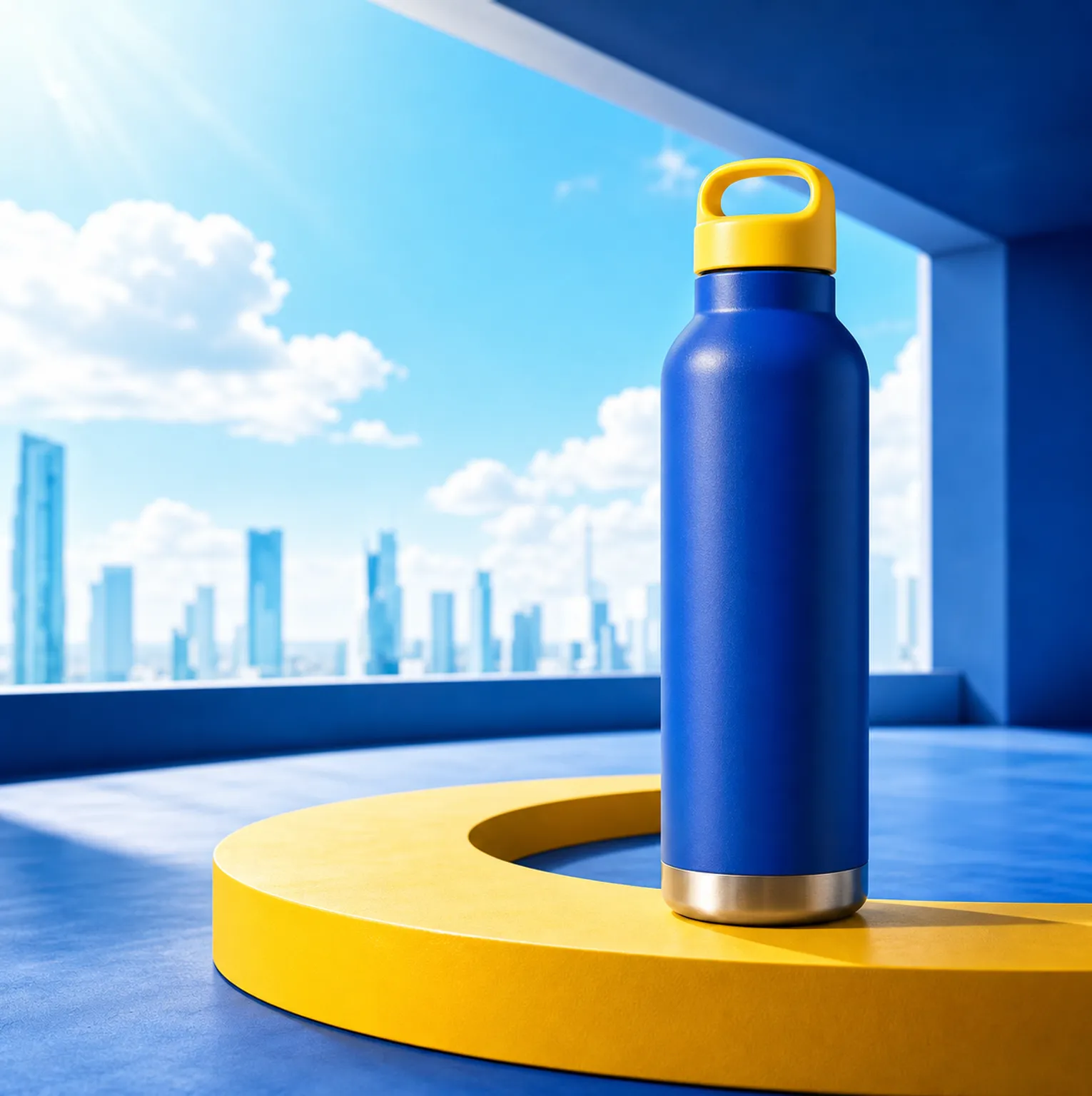 Blue water bottle with yellow lid on yellow platform｜AI Image Generation Prompts