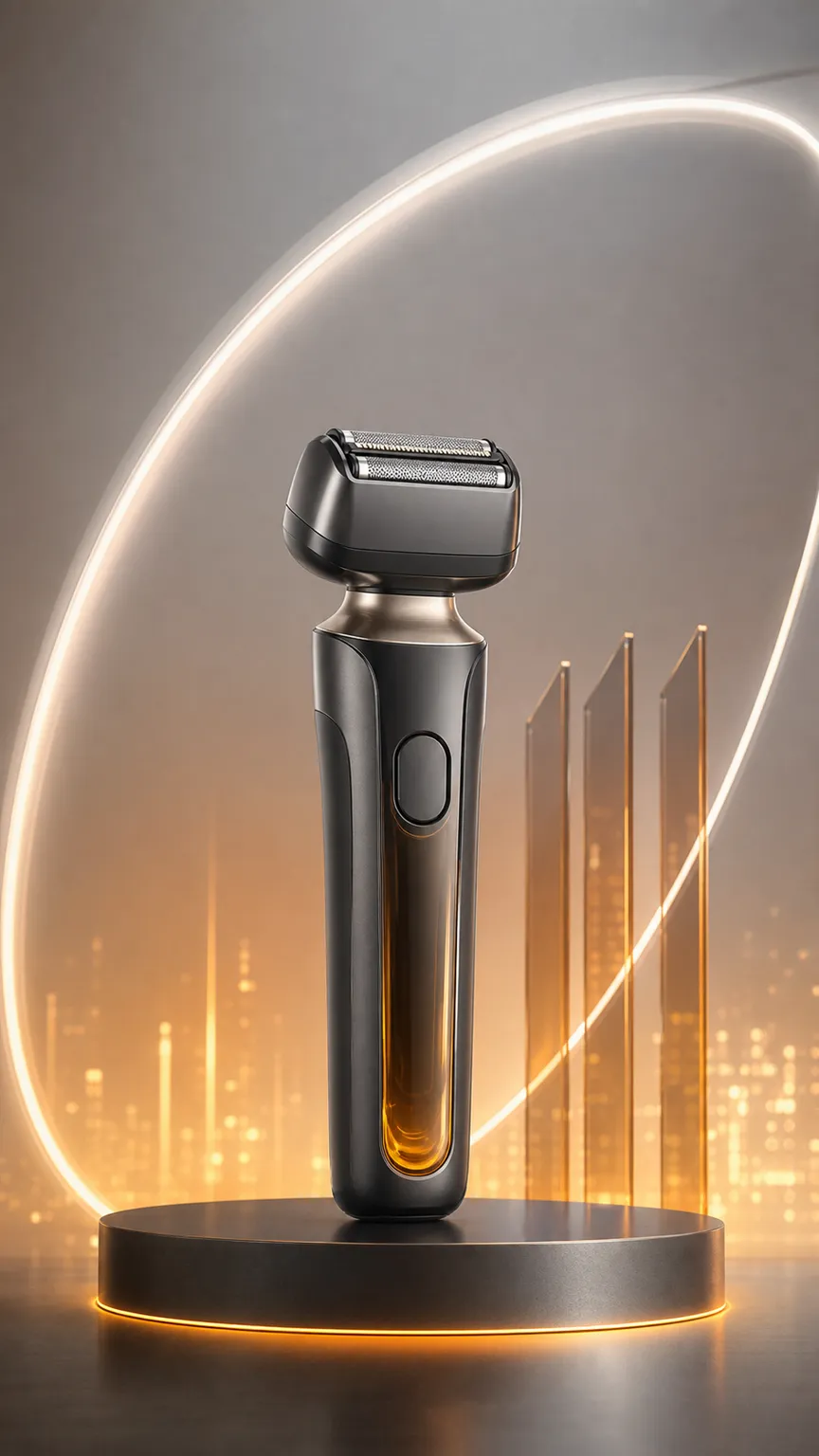 Modern Black Electric Shaver on Glowing Podium｜AI Image Generation Prompts