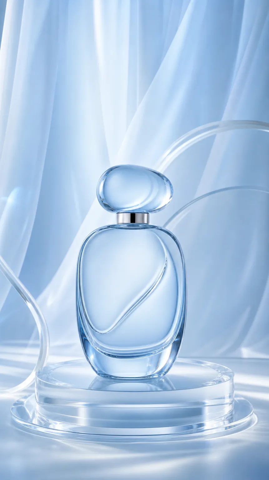 Elegant Blue Glass Perfume Bottle on Pedestal｜AI Image Generation Prompts
