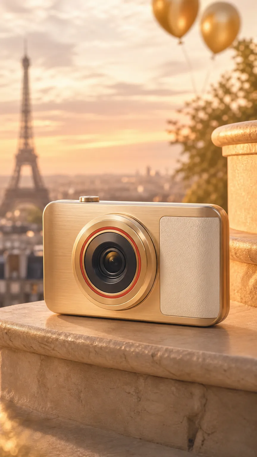 Gold Camera with Eiffel Tower and Balloons｜AI Image Generation Prompts