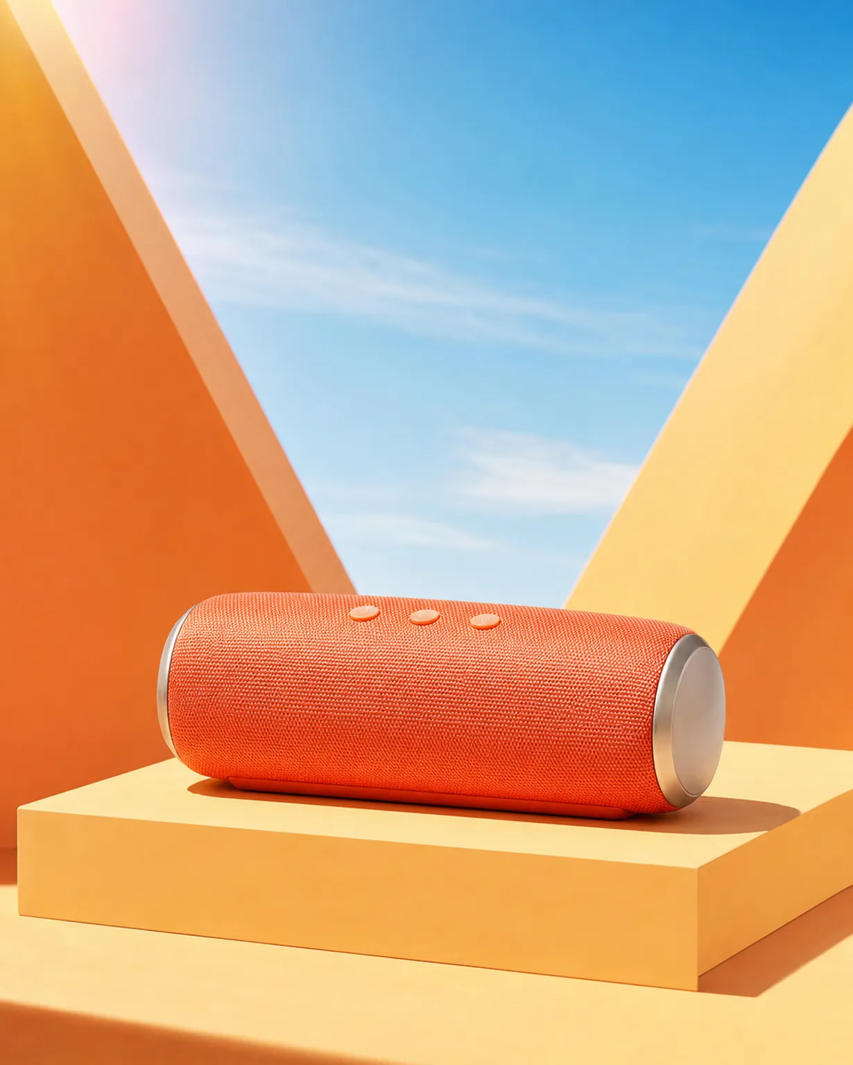 Orange Cylindrical Speaker on Geometric Podium｜AI Image Generation Prompts