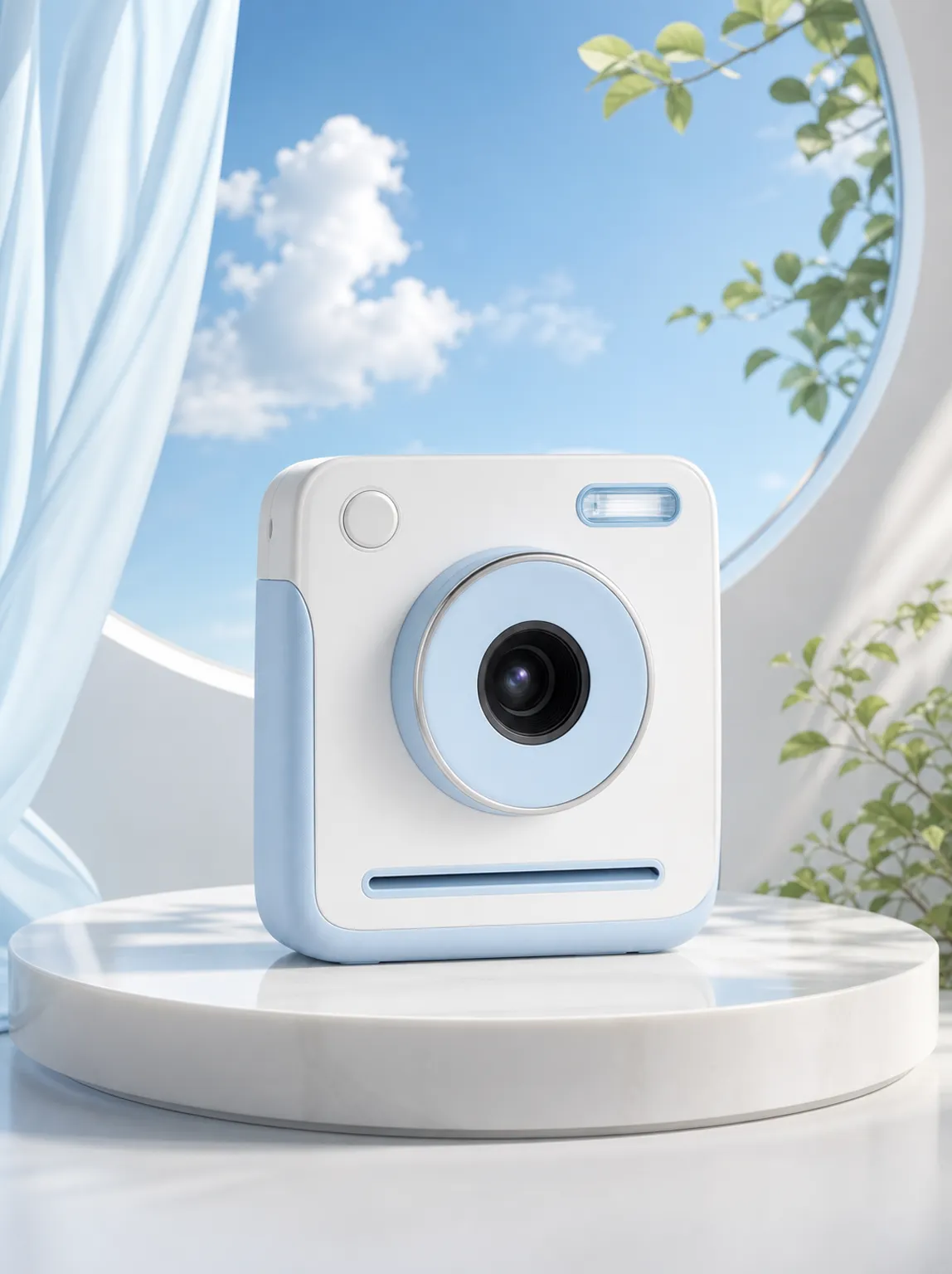 White and Blue Instant Camera on White Podium｜AI Image Generation Prompts