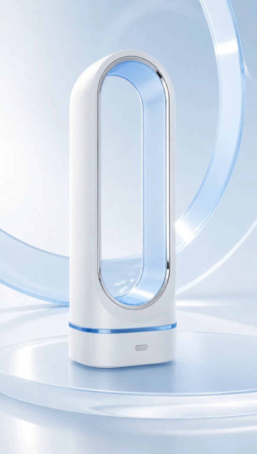 Modern White Bladeless Fan with Blue Accents｜AI Image Generation Prompts