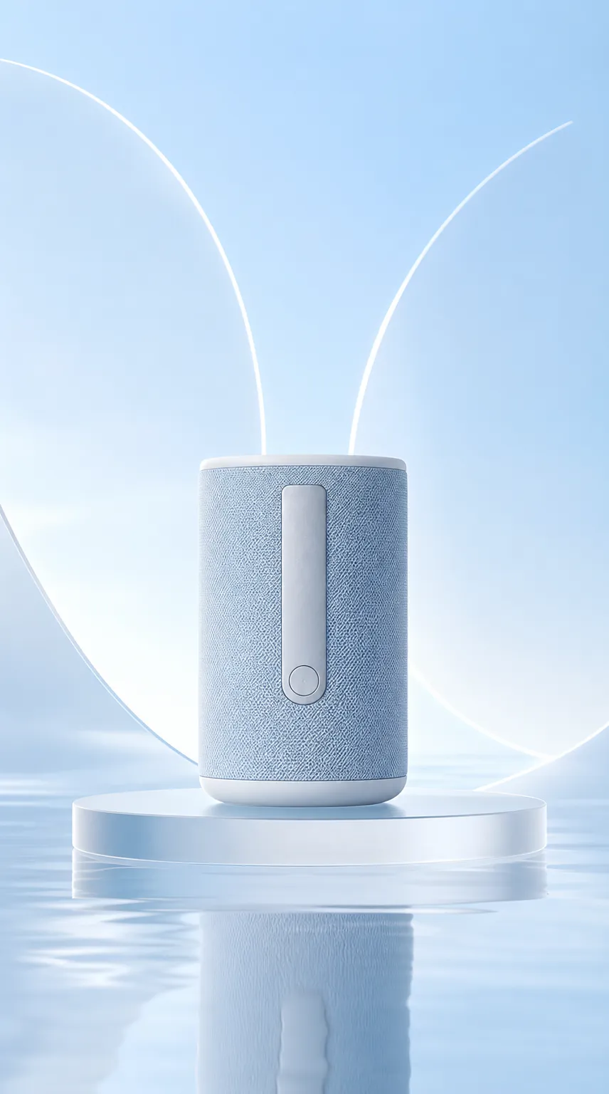 Blue Portable Speaker on White Podium｜AI Image Generation Prompts