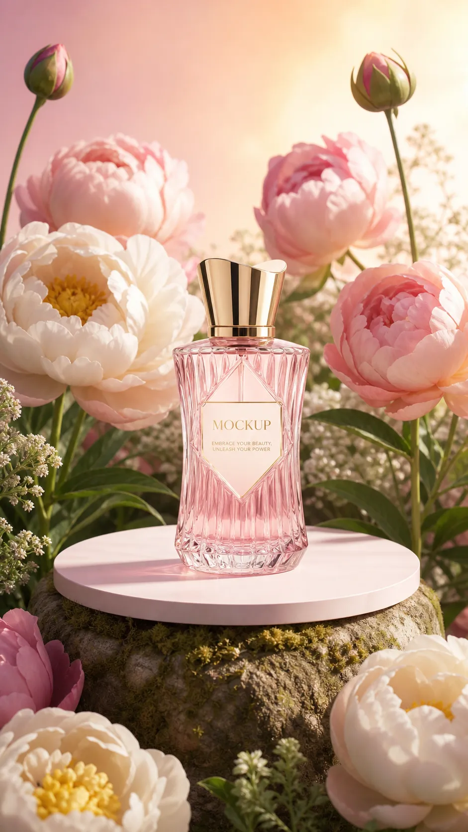 Pink Perfume Bottle Mockup Surrounded by Peonies｜AI Image Generation Prompts