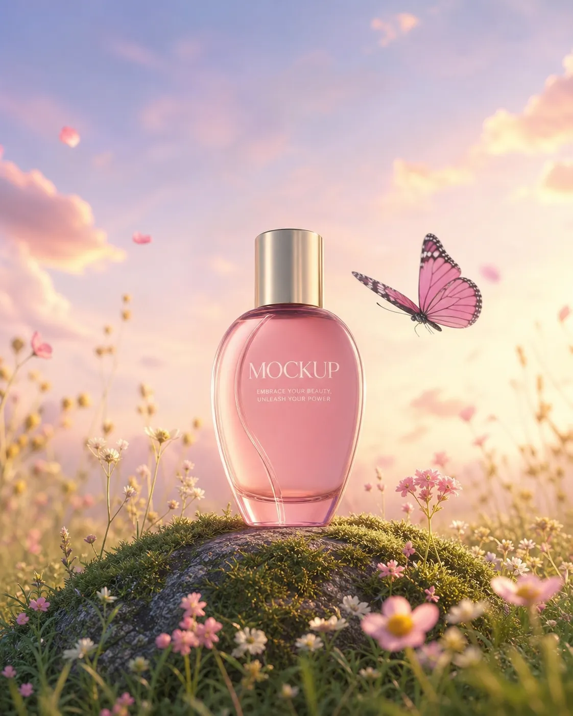 Pink perfume bottle mockup in floral field with butterfly｜AI Image Generation Prompts