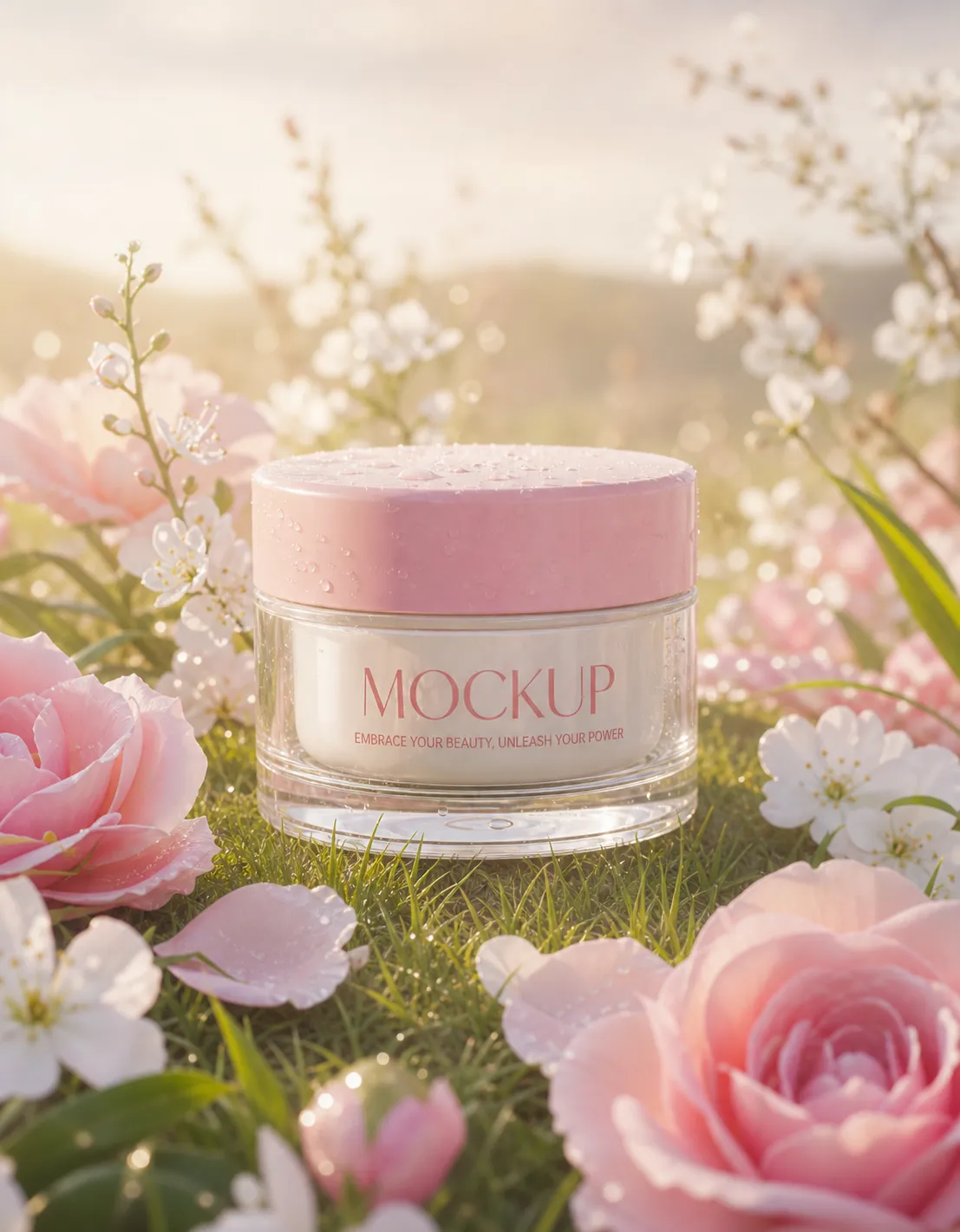Pink cosmetic jar mockup in a floral garden setting｜AI Image Generation Prompts
