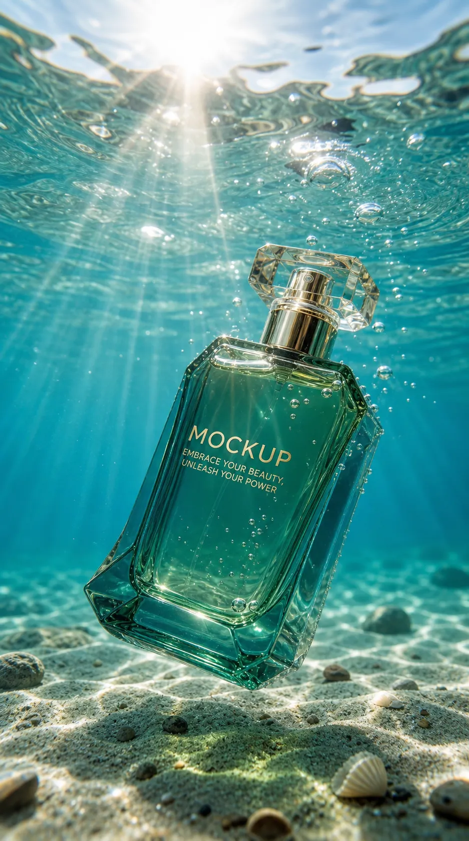 Green perfume bottle underwater mockup with sunlight｜AI Image Generation Prompts
