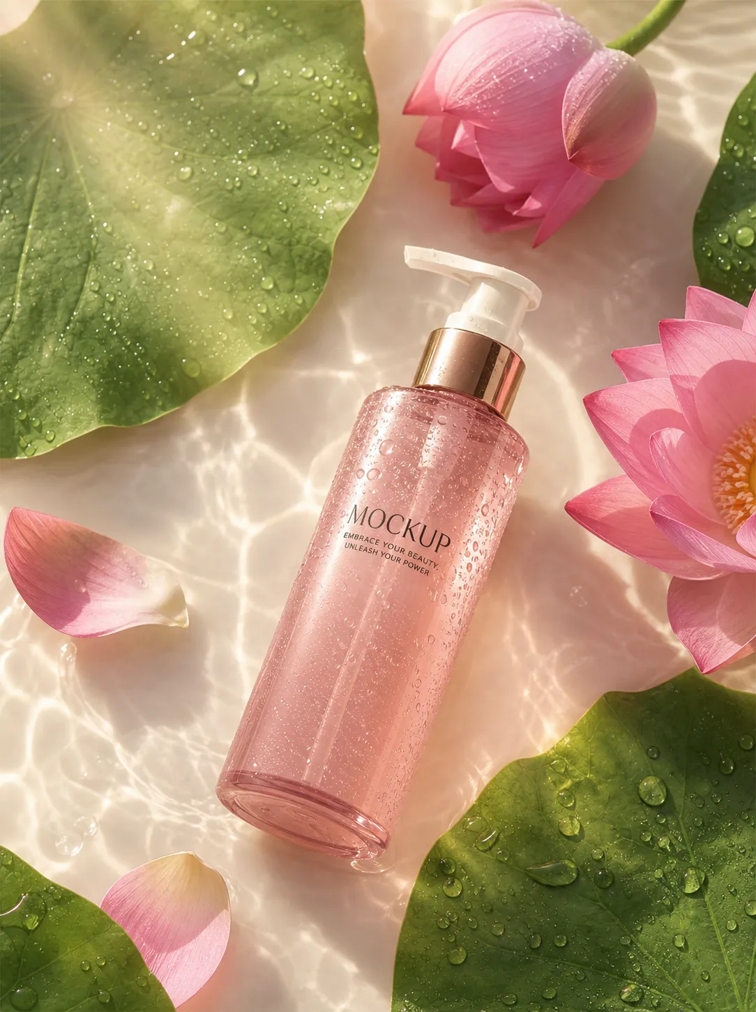 Pink cosmetic bottle mockup with lotus flowers and leaves｜AI Image Generation Prompts