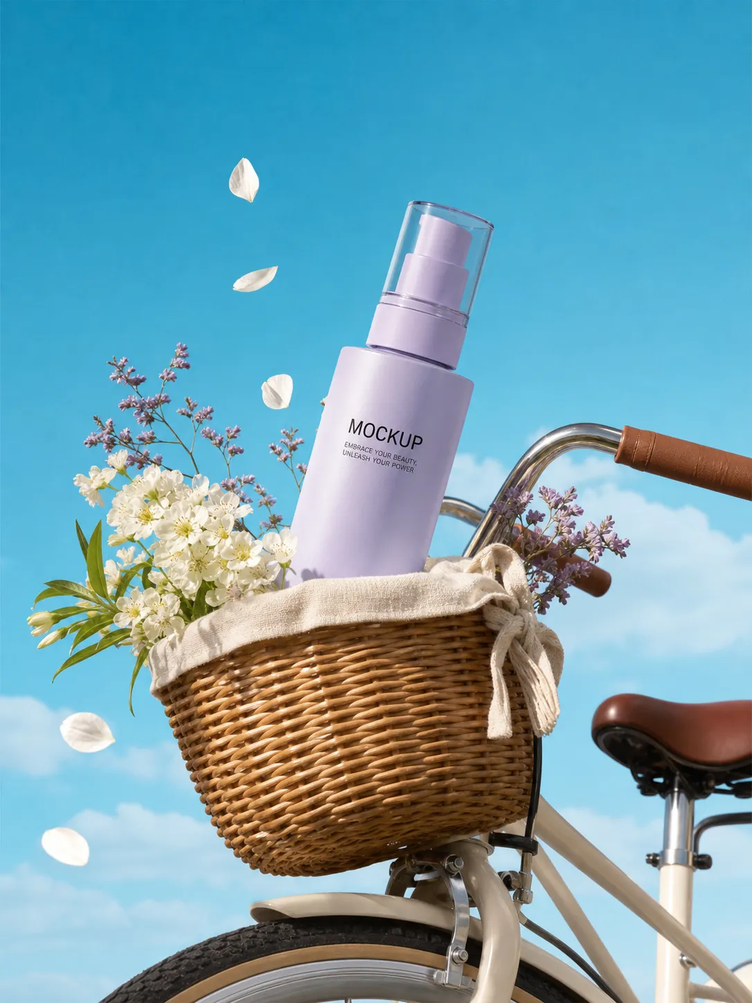 Purple cosmetic bottle mockup in bicycle basket with flowers｜AI Image Generation Prompts
